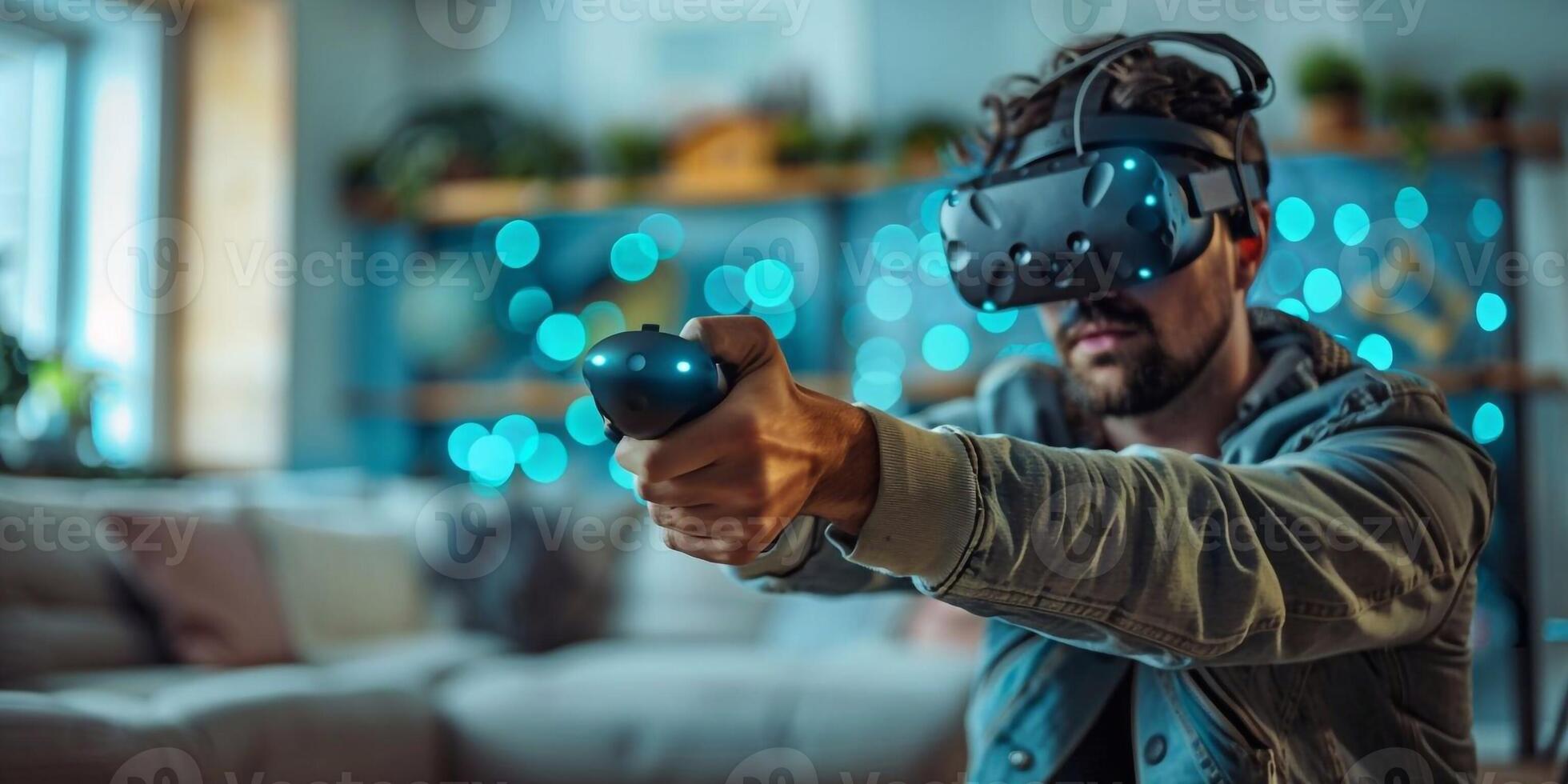 AI Generated Young caucasian man streamer playing video game using virtual reality glasses and joystick at gaming room photo