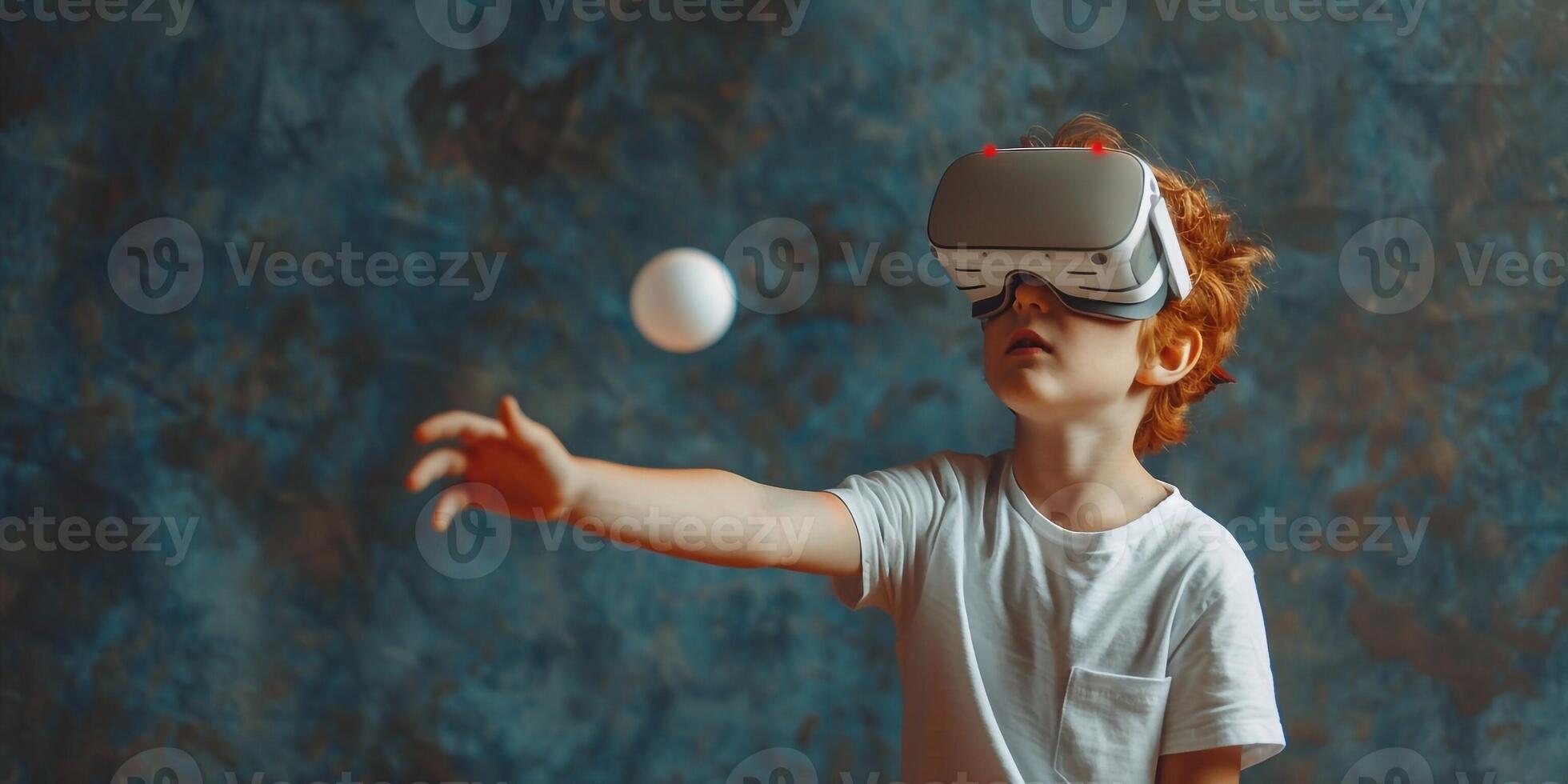 AI Generated Little redhead boy dressed in a white t-shirt playing ping-pong with a virtual reality glasses. Isolated on dark textured background. photo
