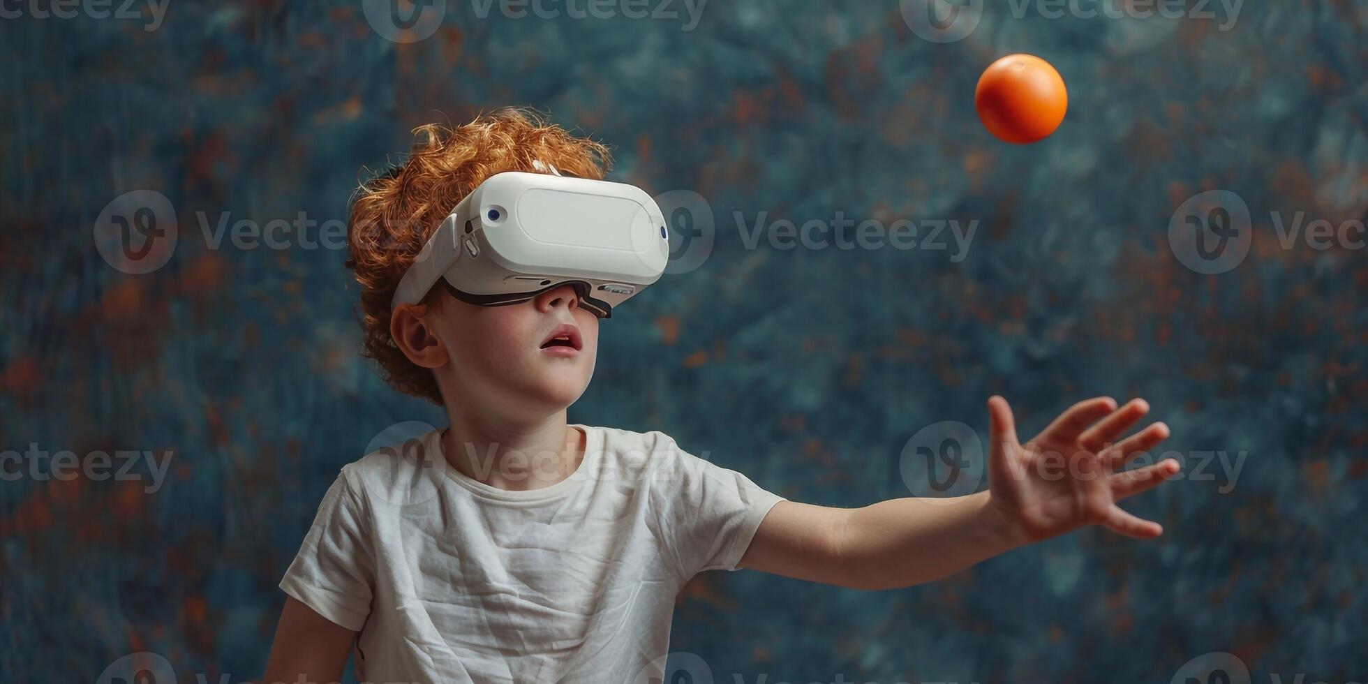 AI Generated Little redhead boy dressed in a white t-shirt playing ping-pong with a virtual reality glasses. Isolated on dark textured background. photo