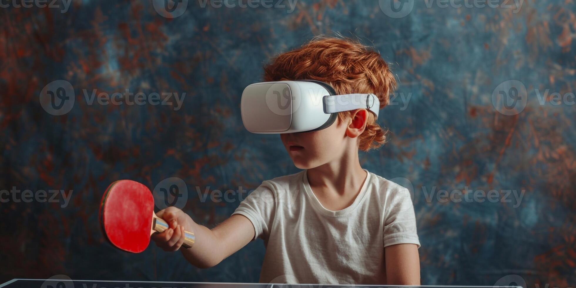 AI Generated Little redhead boy dressed in a white t-shirt playing ping-pong with a virtual reality glasses. Isolated on dark textured background. photo