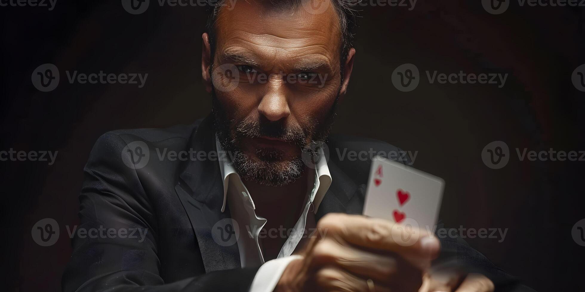 AI Generated Magician shows trick with playing cards. Sleight of hand. Manipulation with props. photo