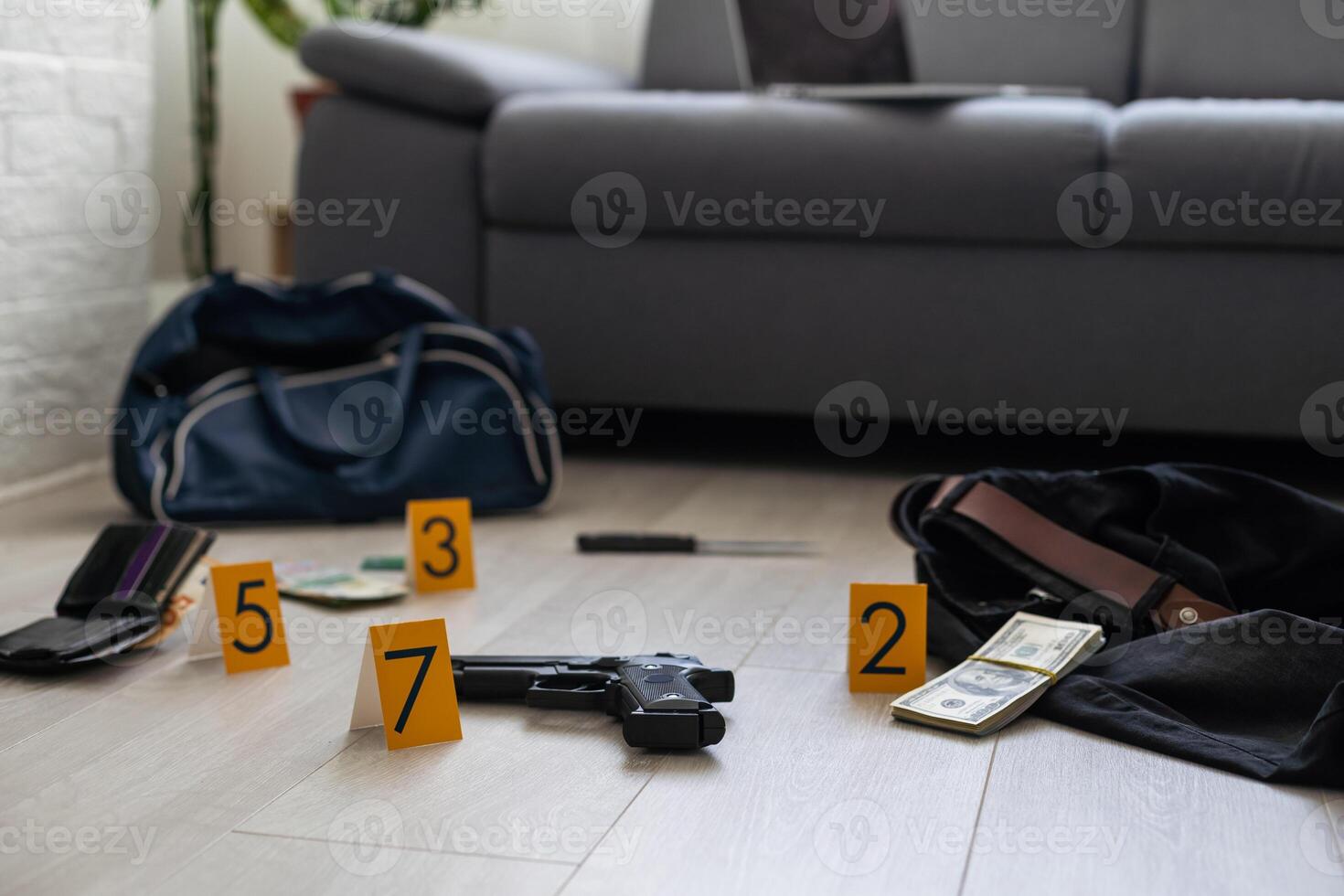 Flat lay composition with evidences and crime scene markers on wooden background photo