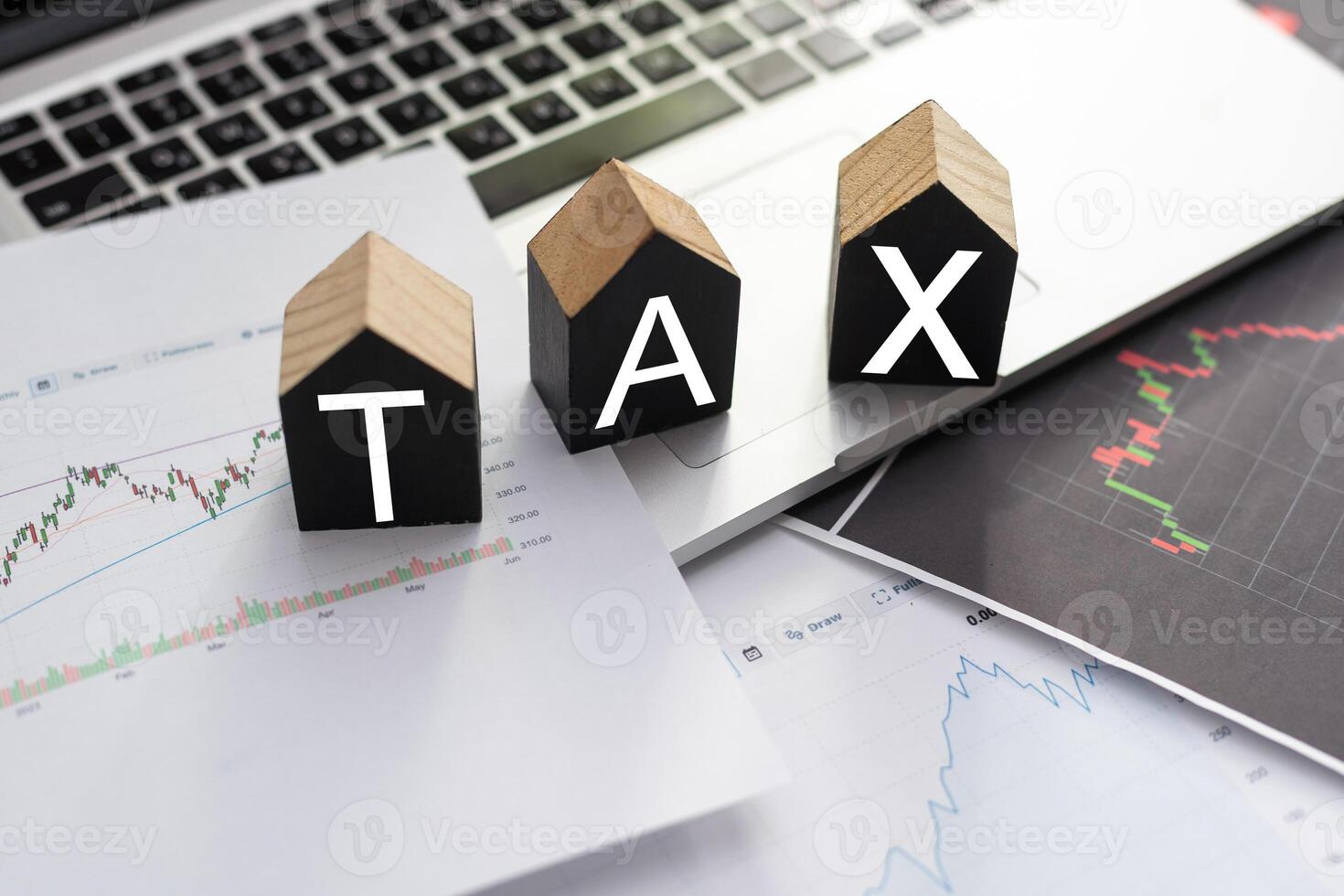 the word TAX is laid out of wooden cubes with letters on white background with coins photo