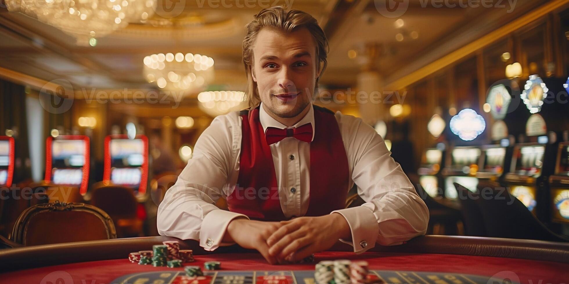 AI Generated Croupier behind gambling table in a casino. photo