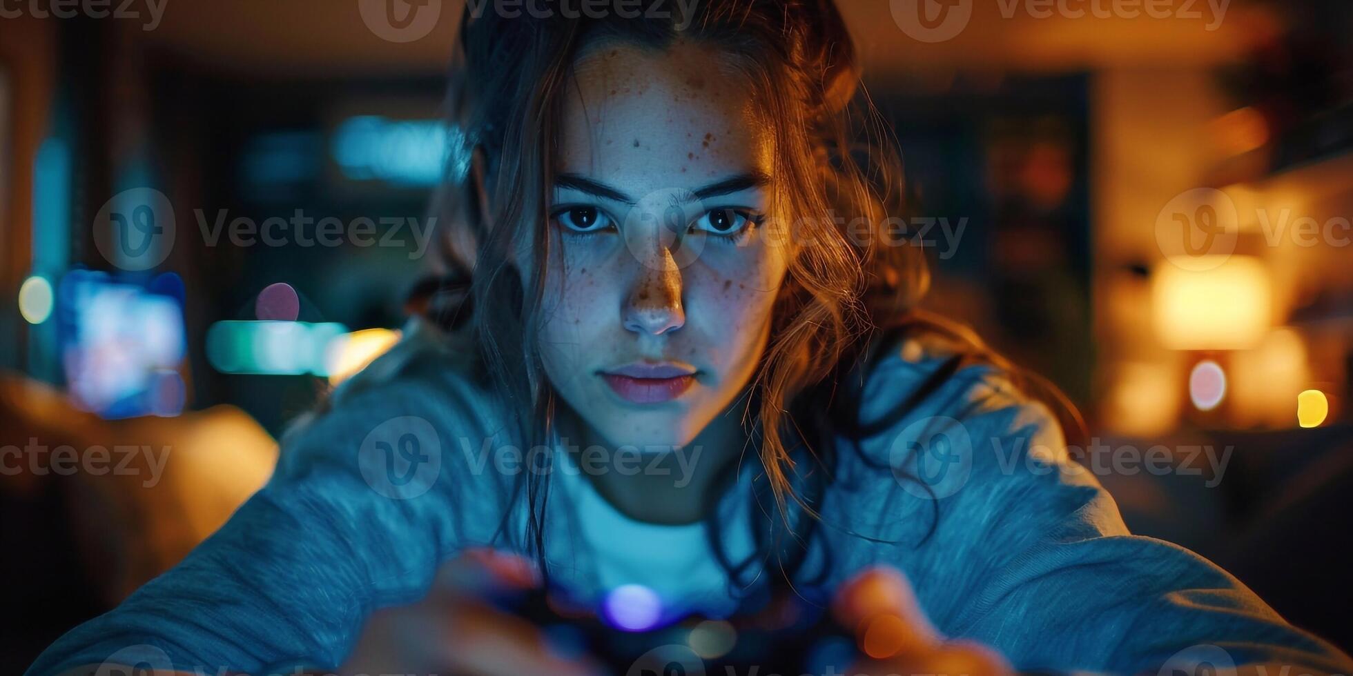 AI Generated Gamepad in the hands of a gamer on a technological background. Neon lighting. Video games online with friends, winnings, prizes, fun entertainment, youth culture, virtual reality. photo