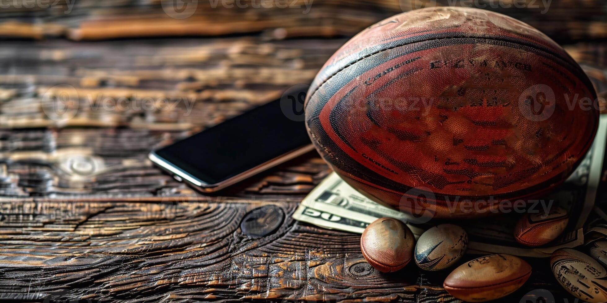 AI Generated close up view of dollar banknotes in baseball glove near toy soccer ball, laptop and basketball ball isolated on white, sports betting concept photo