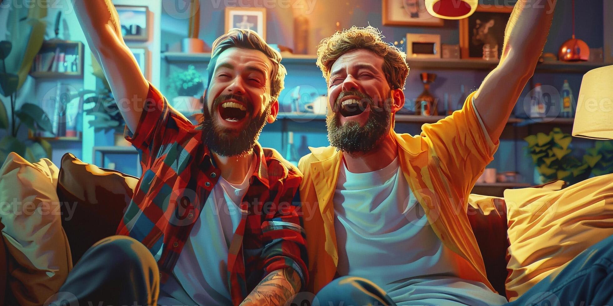 AI Generated Multiethnic men having fun and clinking with beer bottles when celebrating victory of sport team photo