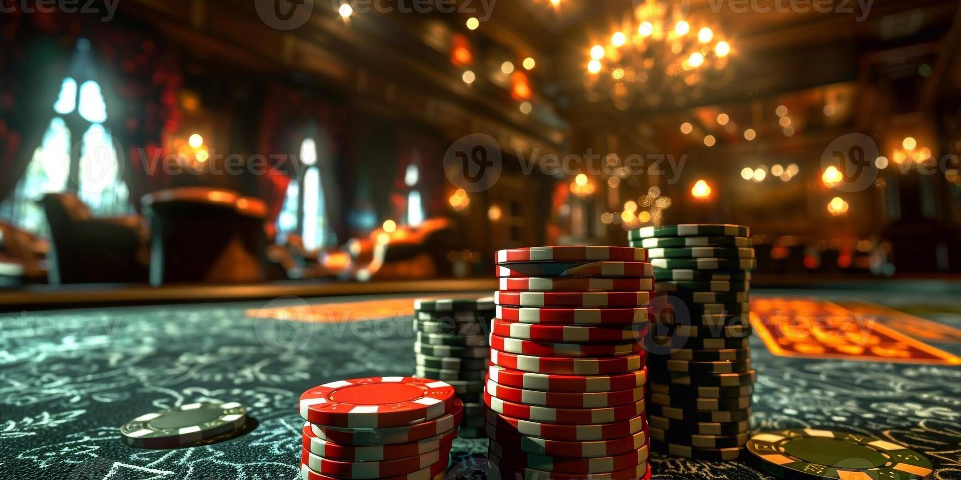 AI Generated Poker chips on table in casino photo