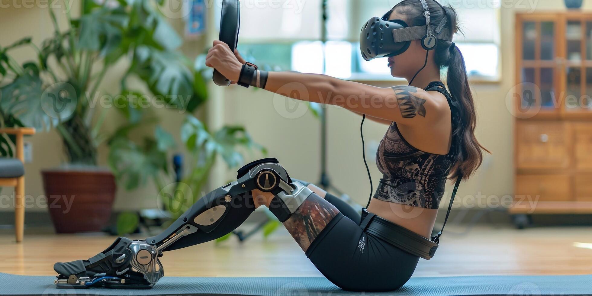 AI Generated woman experiencing virtual reality training body and mind meditating sitting on yoga mat in home living room for calm, healthy harmony lifestyle dressed in sportwear. photo