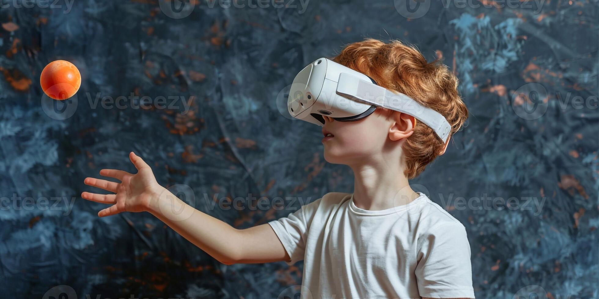 ai generado pequeño pelirrojo chico vestido en un blanco camiseta jugando ping pong con un virtual realidad lentes. aislado en oscuro texturizado antecedentes. foto