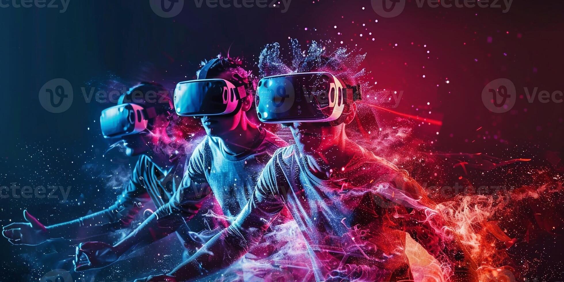 AI Generated Gamers with virtual reality headsets and gamepads. Concept of virtual reality, games, entertainment and communication photo