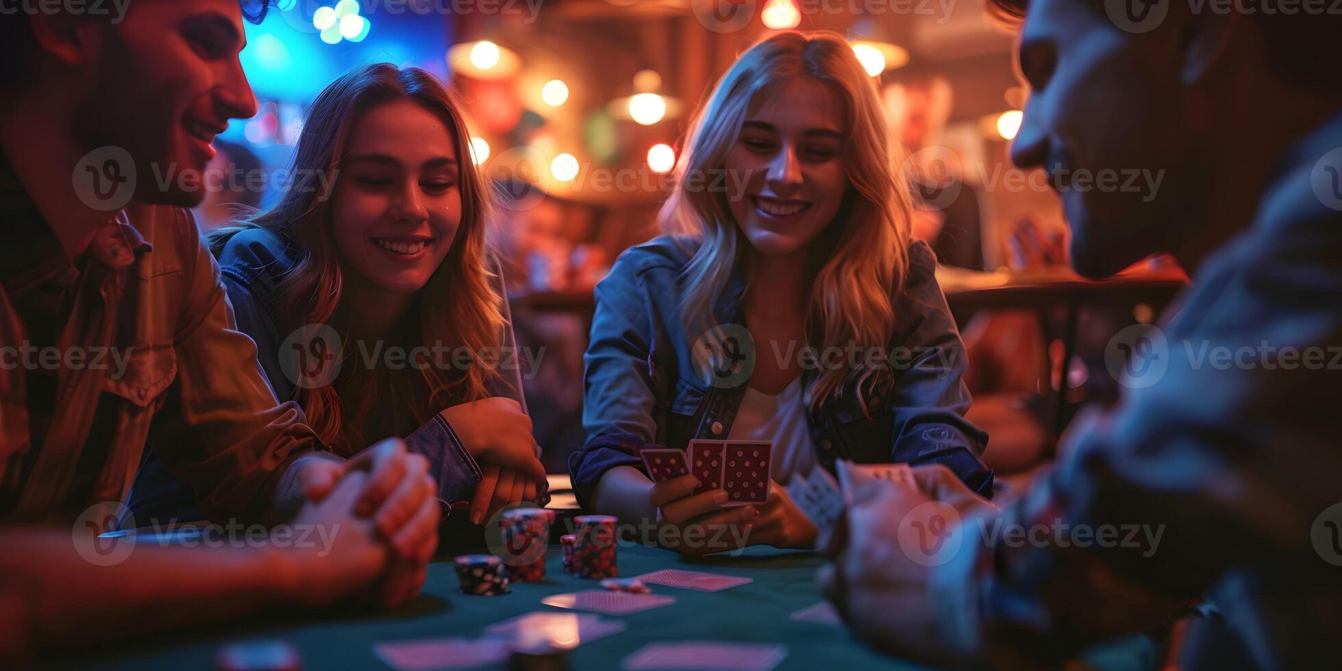 AI Generated  Group of elegant young people that playing poker in casino together. photo