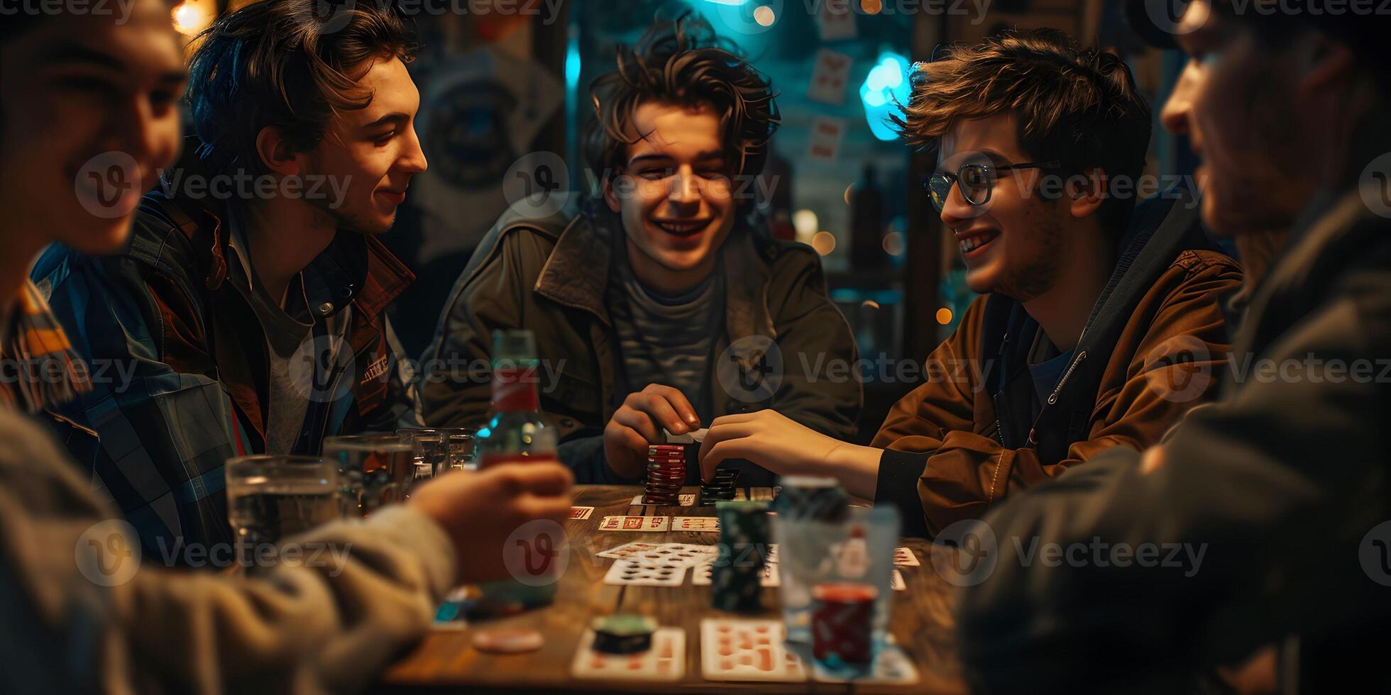 ai generado grupo de elegante joven personas ese jugando póker en casino juntos. foto