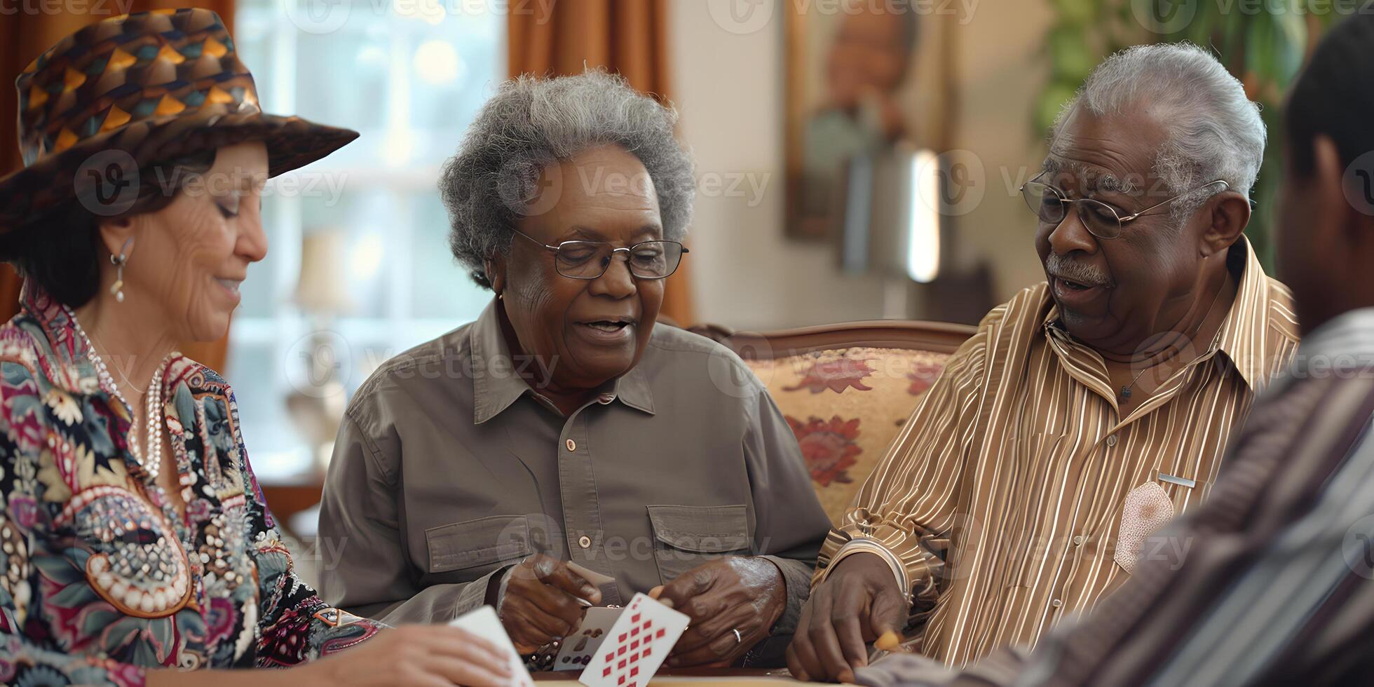 AI Generated Senior man, friends and laughing for card games on wooden table in fun activity, social bonding or gathering. Group of happy elderly men with cards for poker game enjoying play time photo