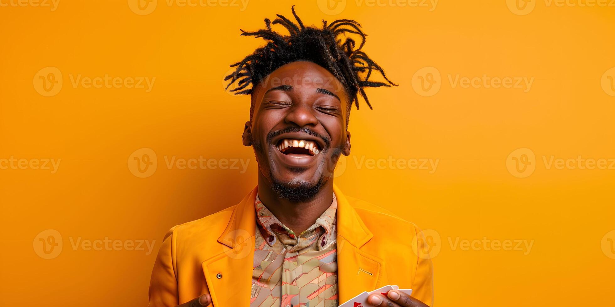 ai generado joven africano hombre con rastas en pie terminado amarillo antecedentes celebrando enojado y loco para éxito con brazos elevado y cerrado ojos gritando entusiasmado. ganador concepto foto