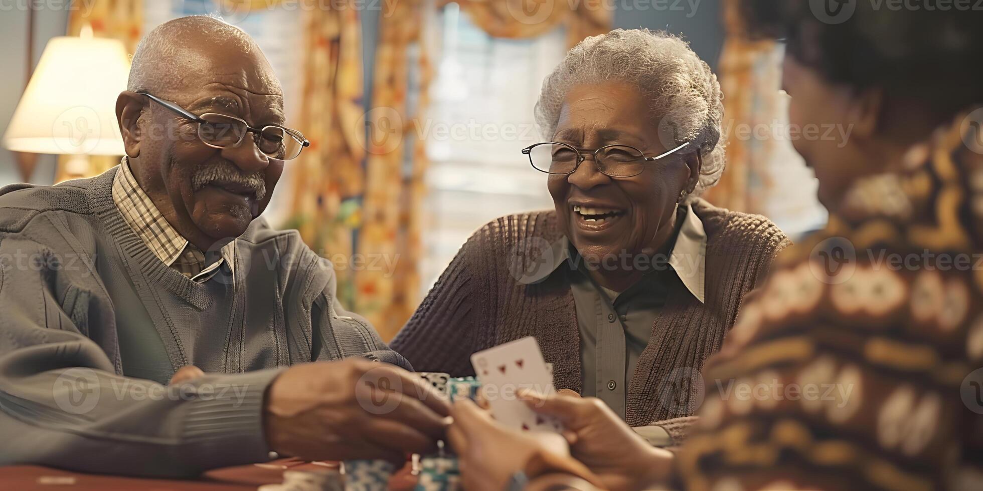 AI Generated Senior man, friends and laughing for card games on wooden table in fun activity, social bonding or gathering. Group of happy elderly men with cards for poker game enjoying play time photo