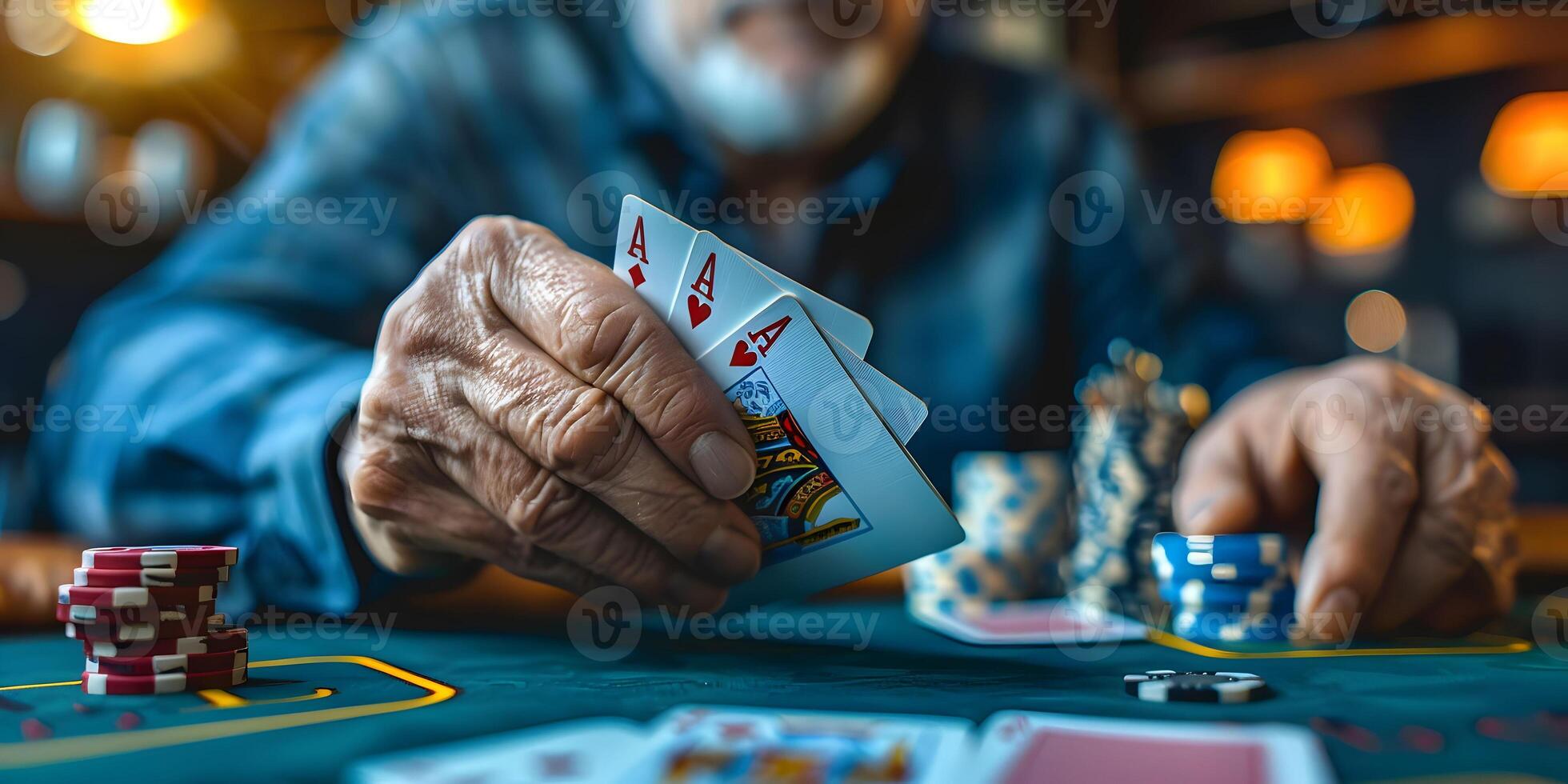 ai generado un persona jugando póker con el cuatro ases de un cubierta en su mano y póker papas fritas de varios colores en un verde estera foto
