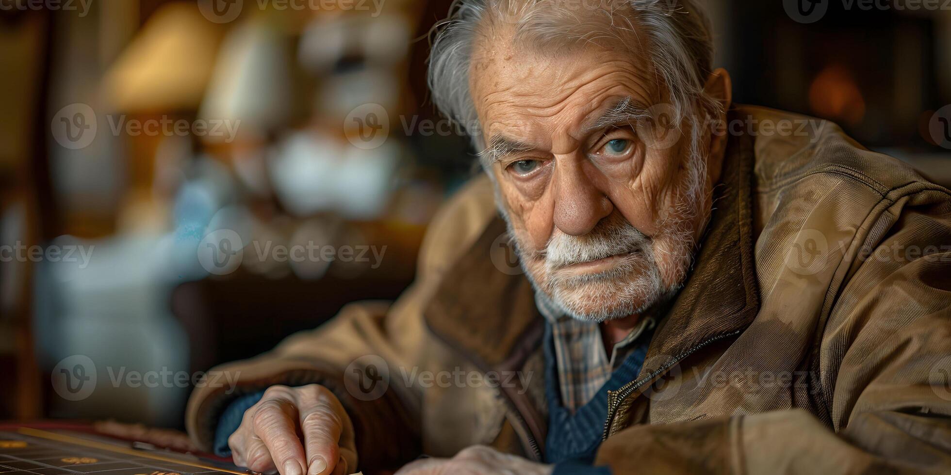 AI Generated Senior man as a retiree while playing cards with friends at home or at retirement home photo