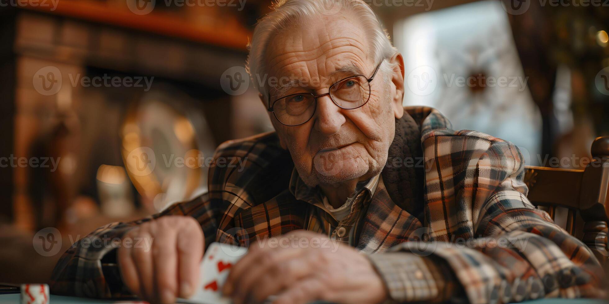 AI Generated Senior man as a retiree while playing cards with friends at home or at retirement home photo