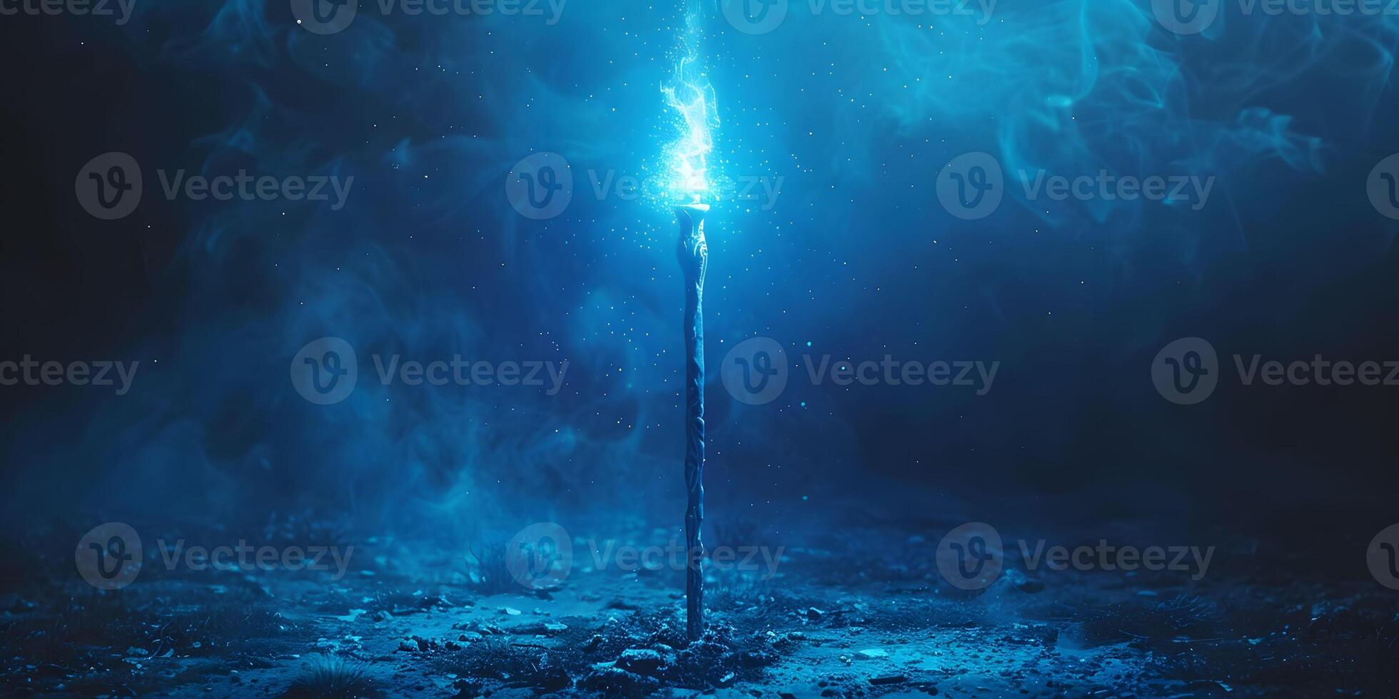 AI Generated Magic wand with sparkle on blue background, Miracle magical stick Wizard tool on hot blue. photo