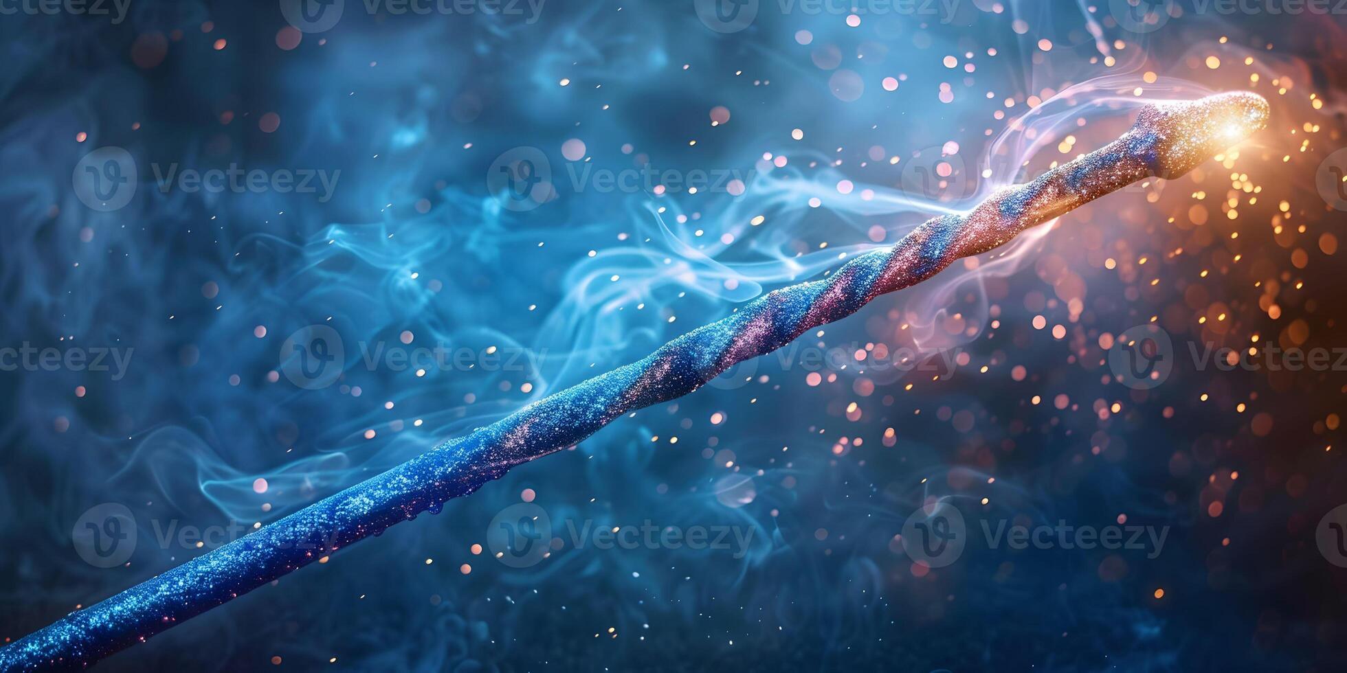 AI Generated Magic wand with sparkle on blue background, Miracle magical stick Wizard tool on hot blue. photo