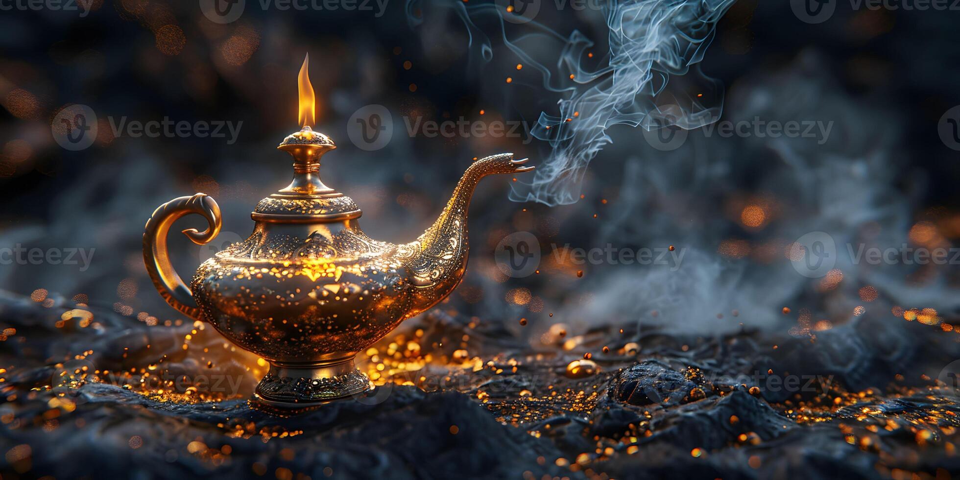 AI Generated aladdin magic lamp on black with smoke photo