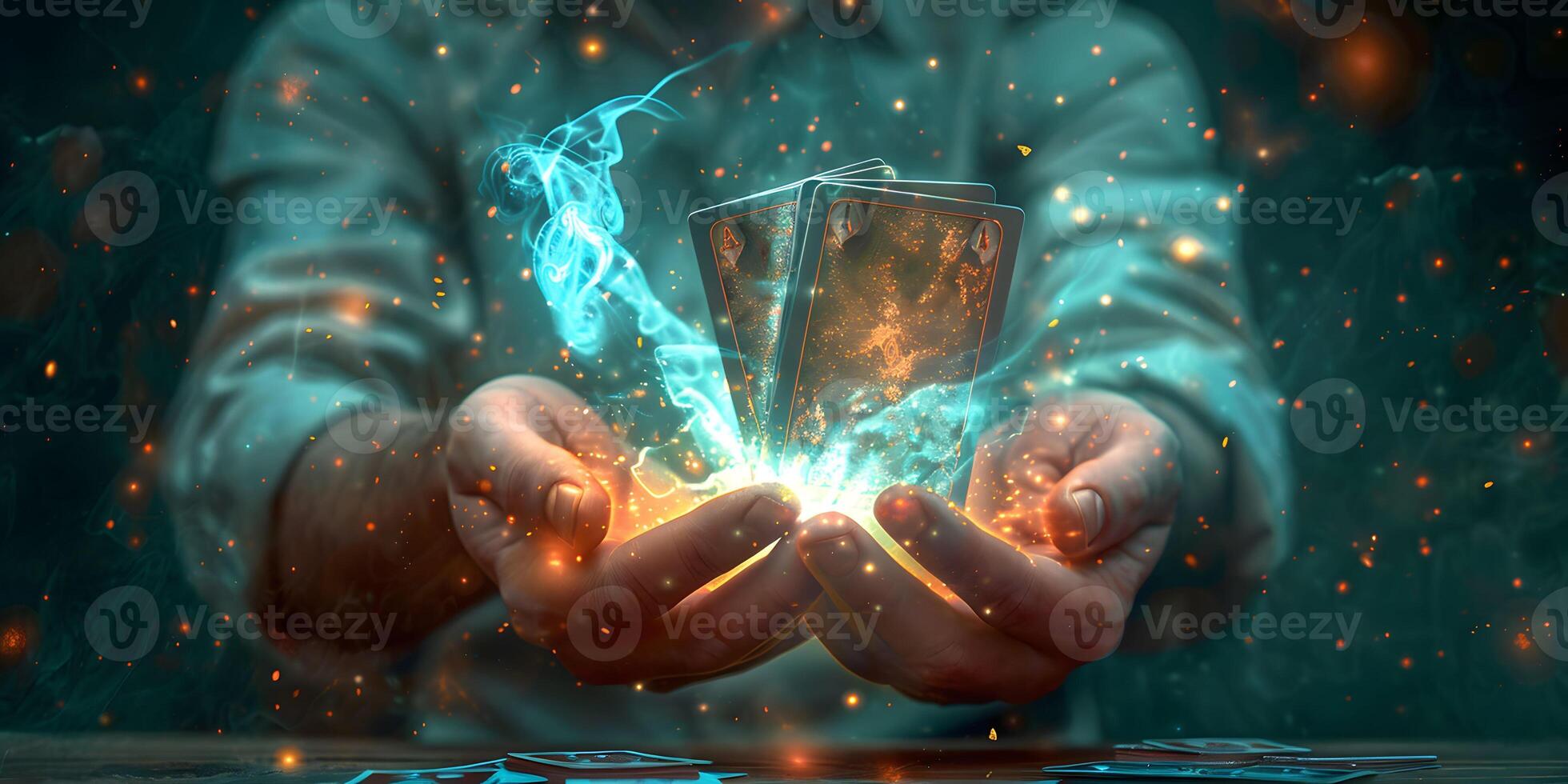 AI Generated Image of man magician showing trick against color background photo
