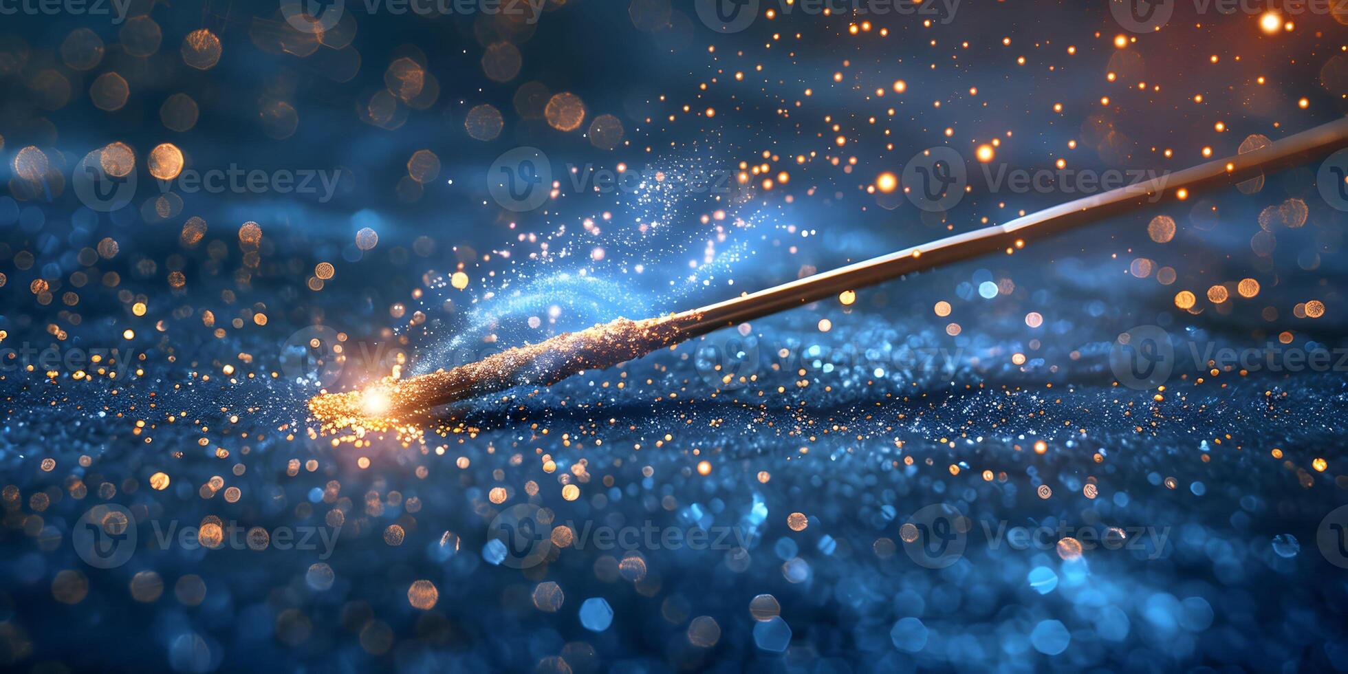 AI Generated Magic wand with sparkle on blue background, Miracle magical stick Wizard tool on hot blue. photo