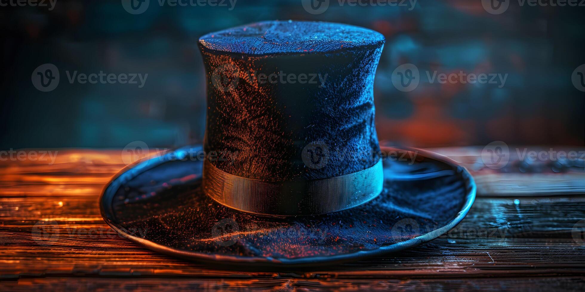 AI Generated mystery hat in wooden background photo