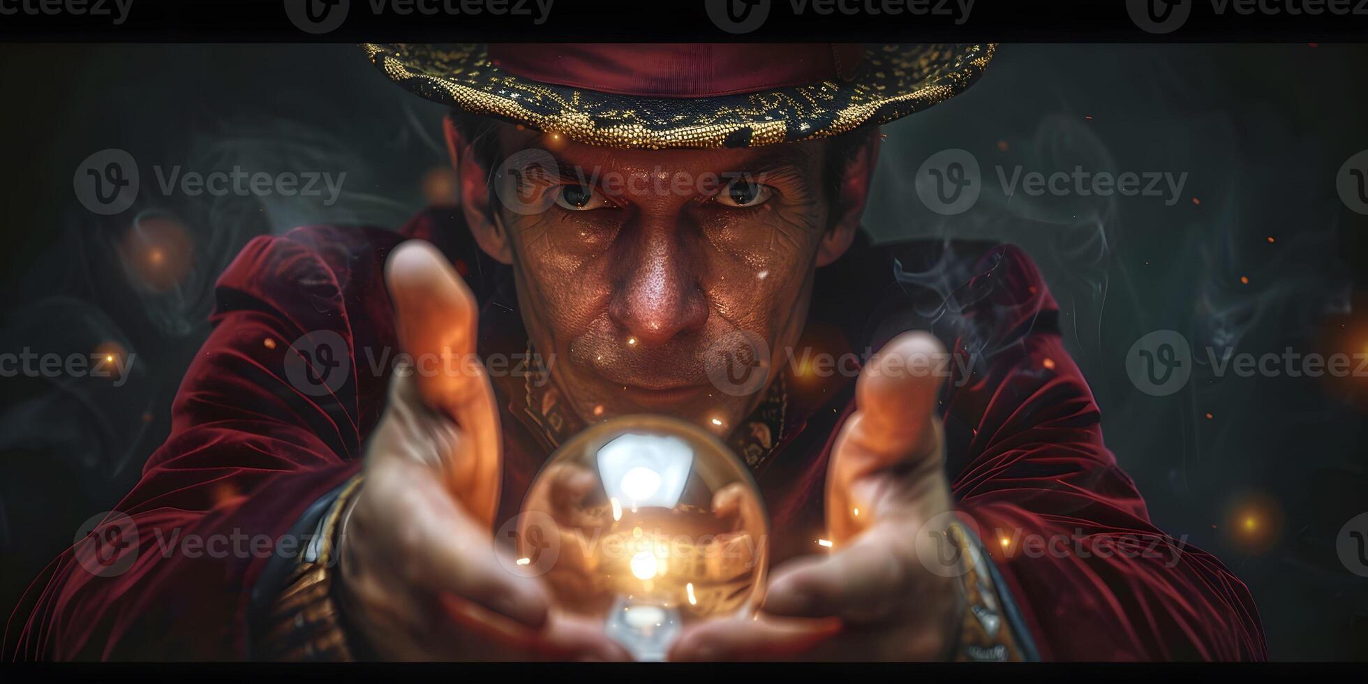 ai generado hombre empresario participación manos terminado el magia esfera con un horóscopo a predecir el futuro. el concepto de astrología como un negocio foto