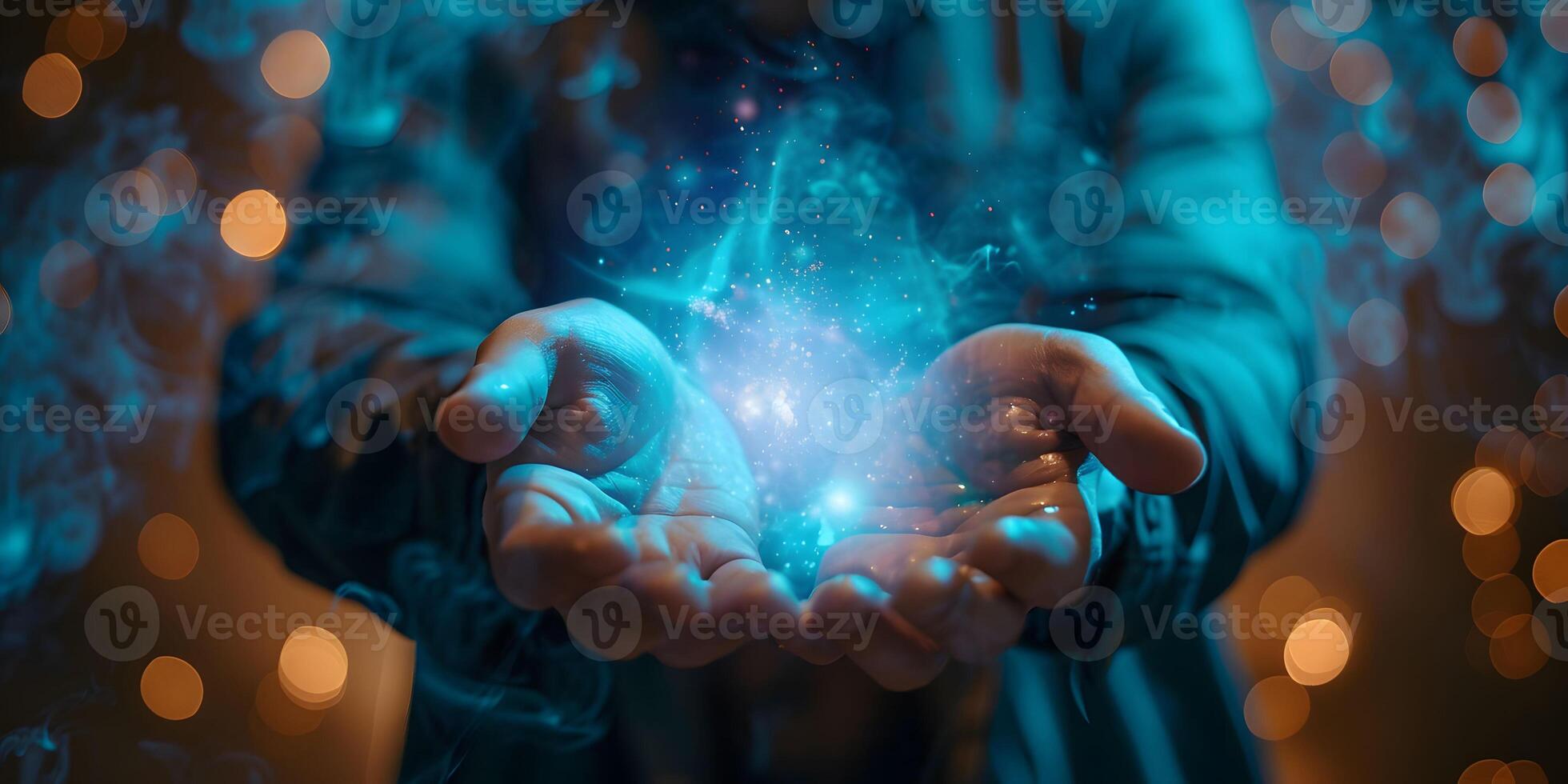 AI Generated Man businessman holding hands over the magic sphere with a horoscope to predict the future. The concept of astrology as a business photo