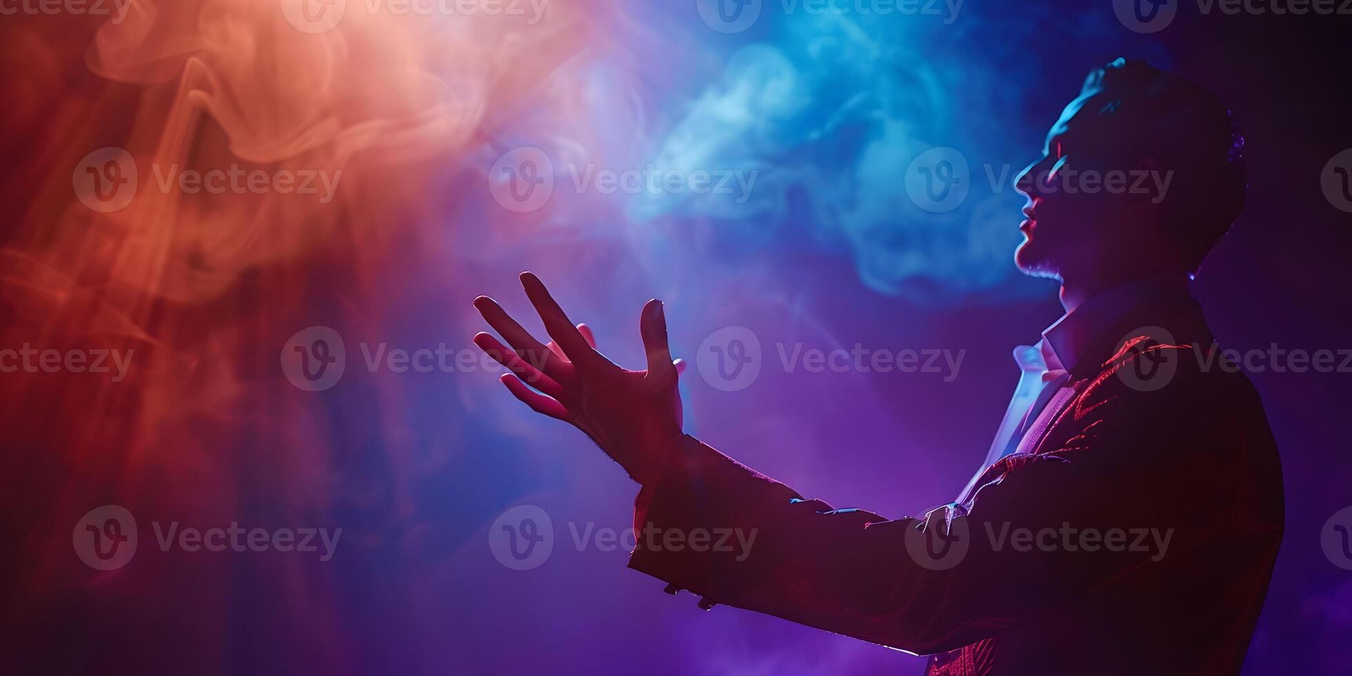 AI Generated Image of man magician showing trick against color background photo