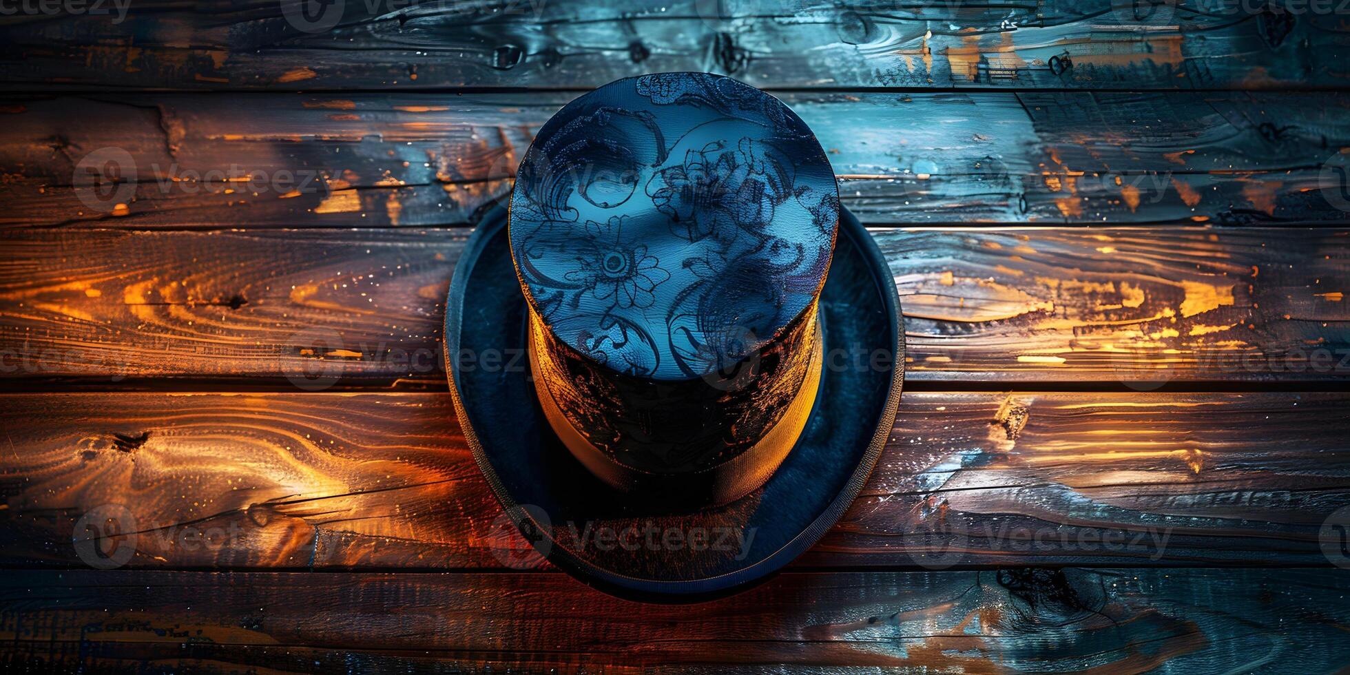 AI Generated mystery hat in wooden background photo