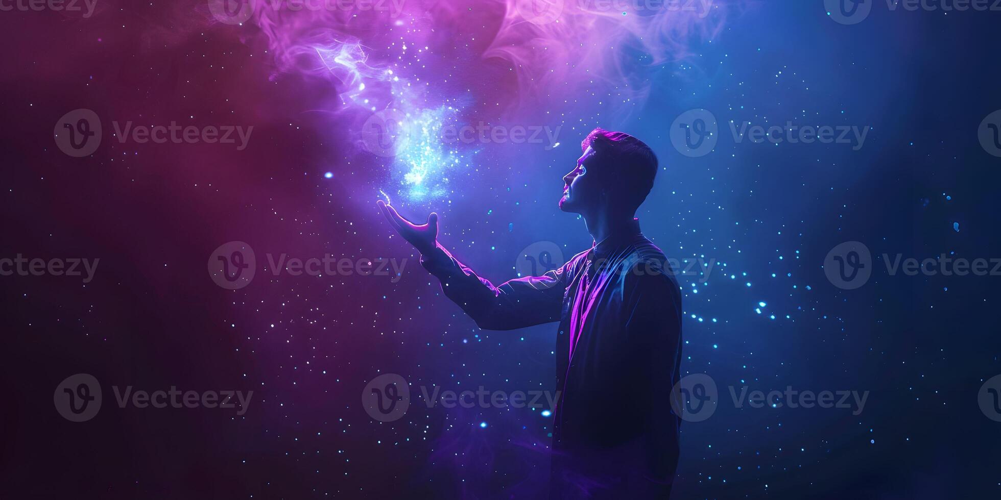 AI Generated Image of man magician showing trick against color background photo