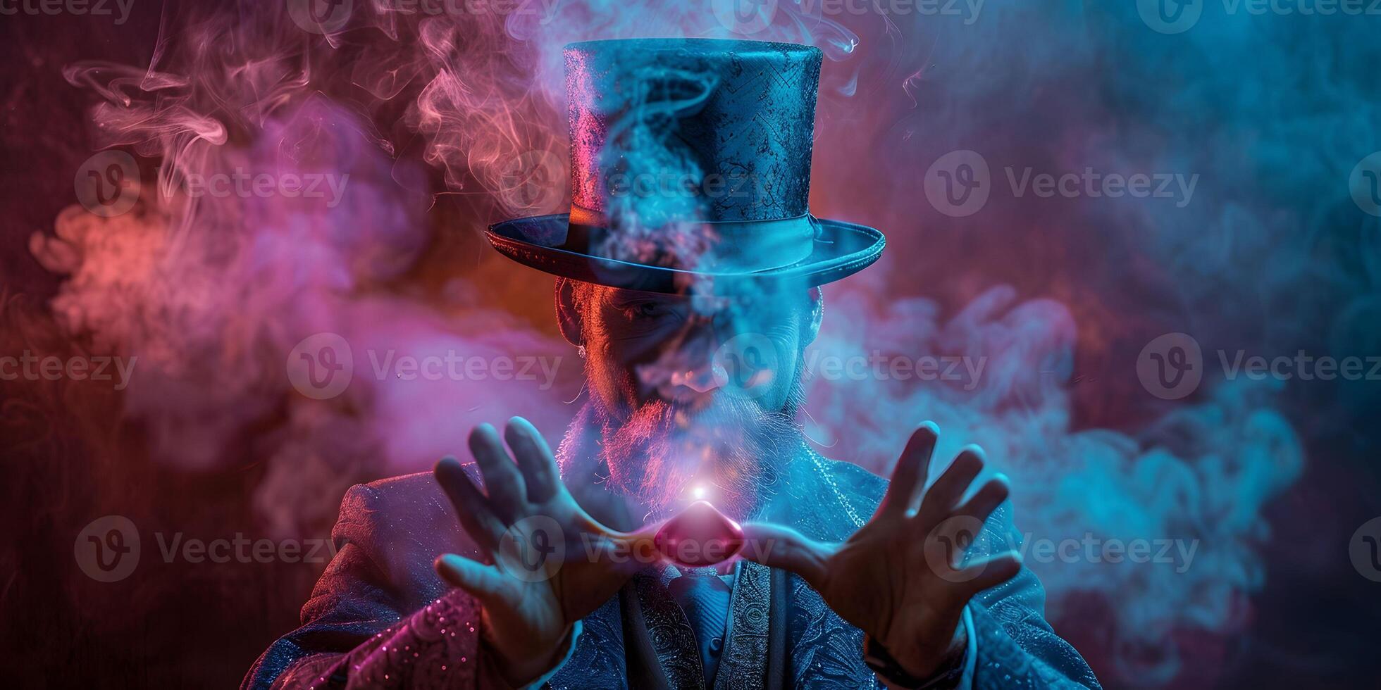 AI Generated Image of man magician showing trick against color background photo