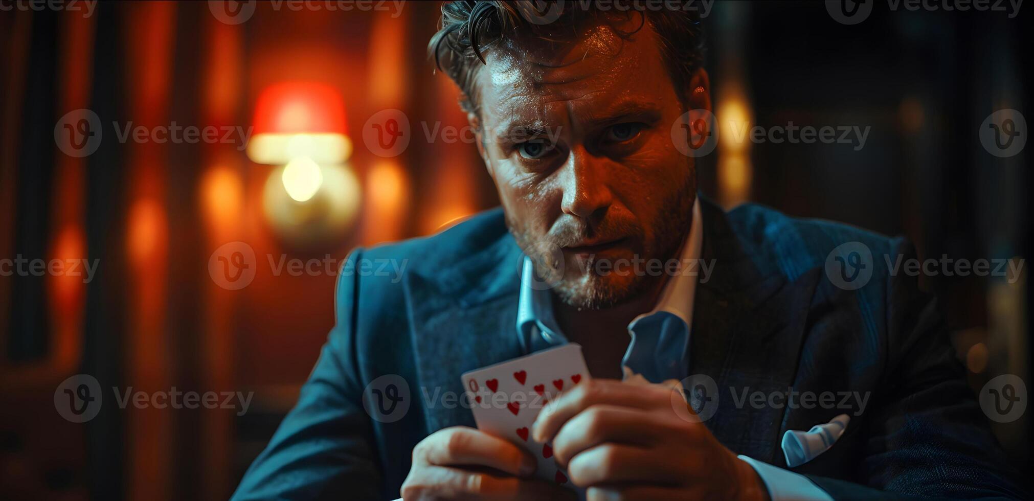 AI Generated Magician shows trick with playing cards. Sleight of hand. Manipulation with props. photo