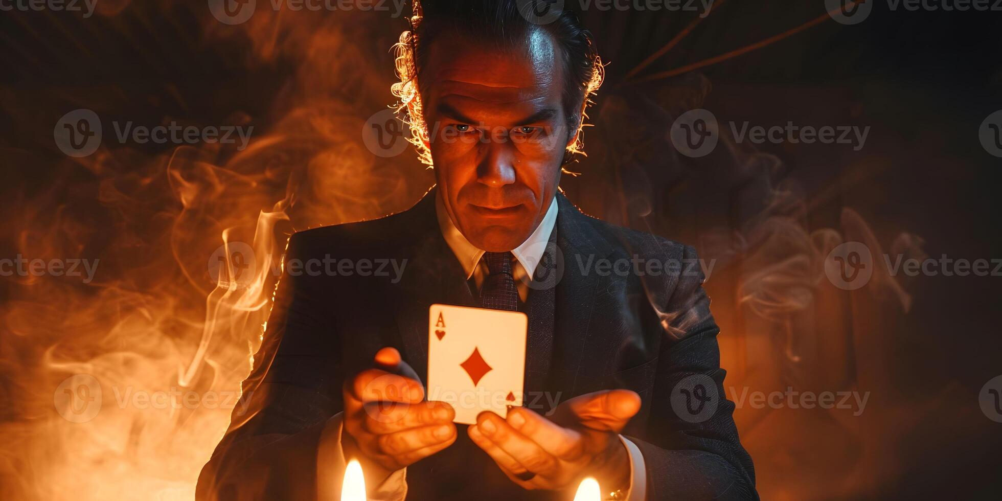 AI Generated Magician shows trick with playing cards. Sleight of hand. Manipulation with props. photo