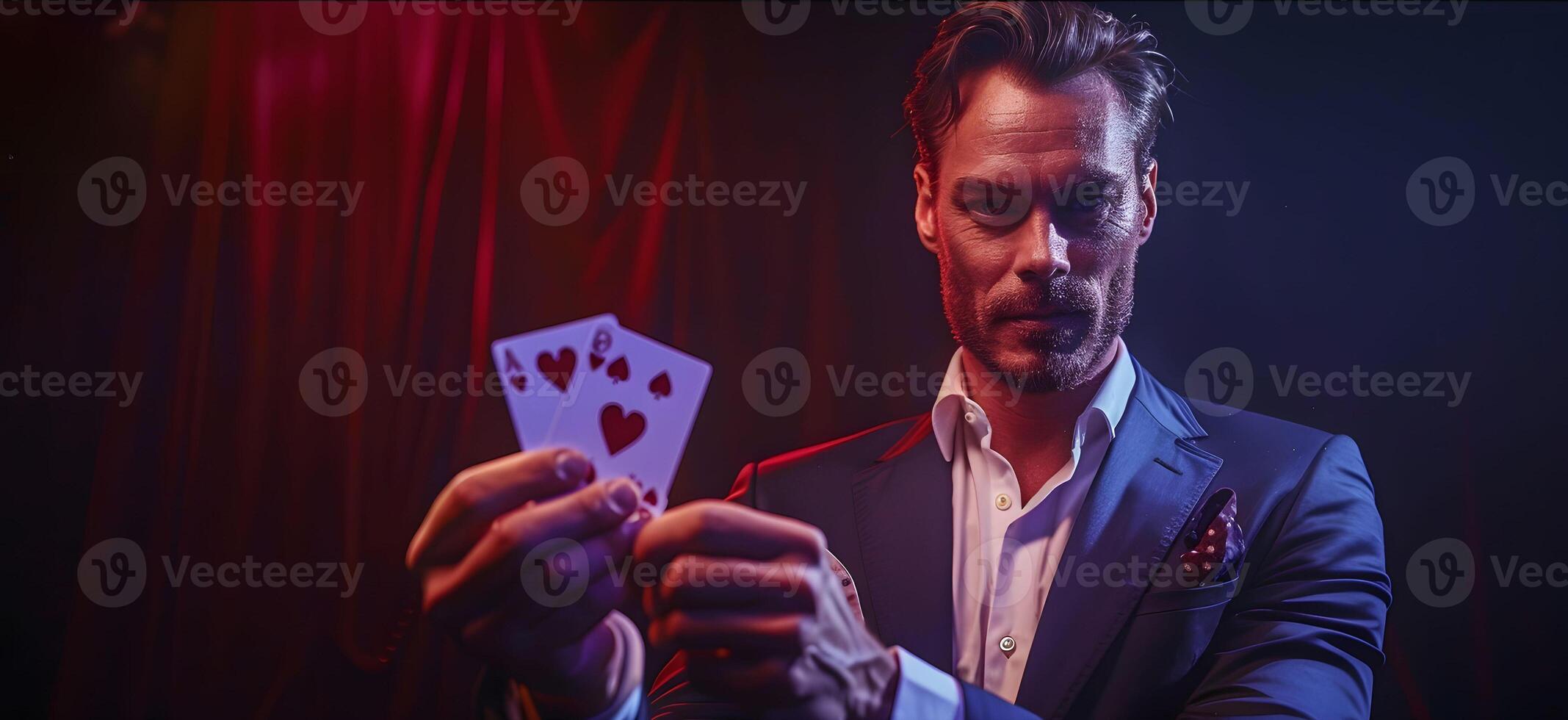 AI Generated Magician shows trick with playing cards. Sleight of hand. Manipulation with props. photo