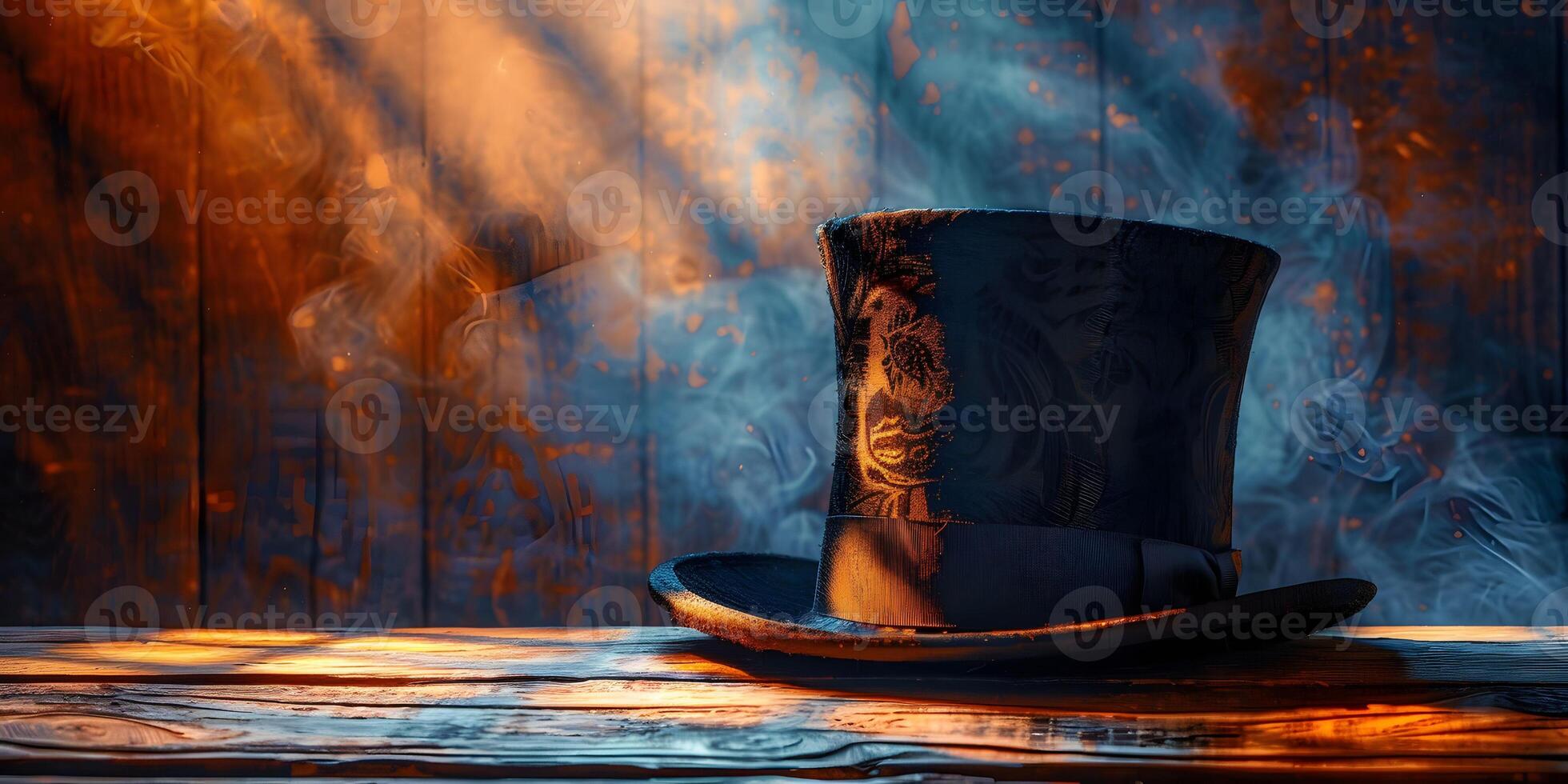 AI Generated mystery hat in wooden background photo
