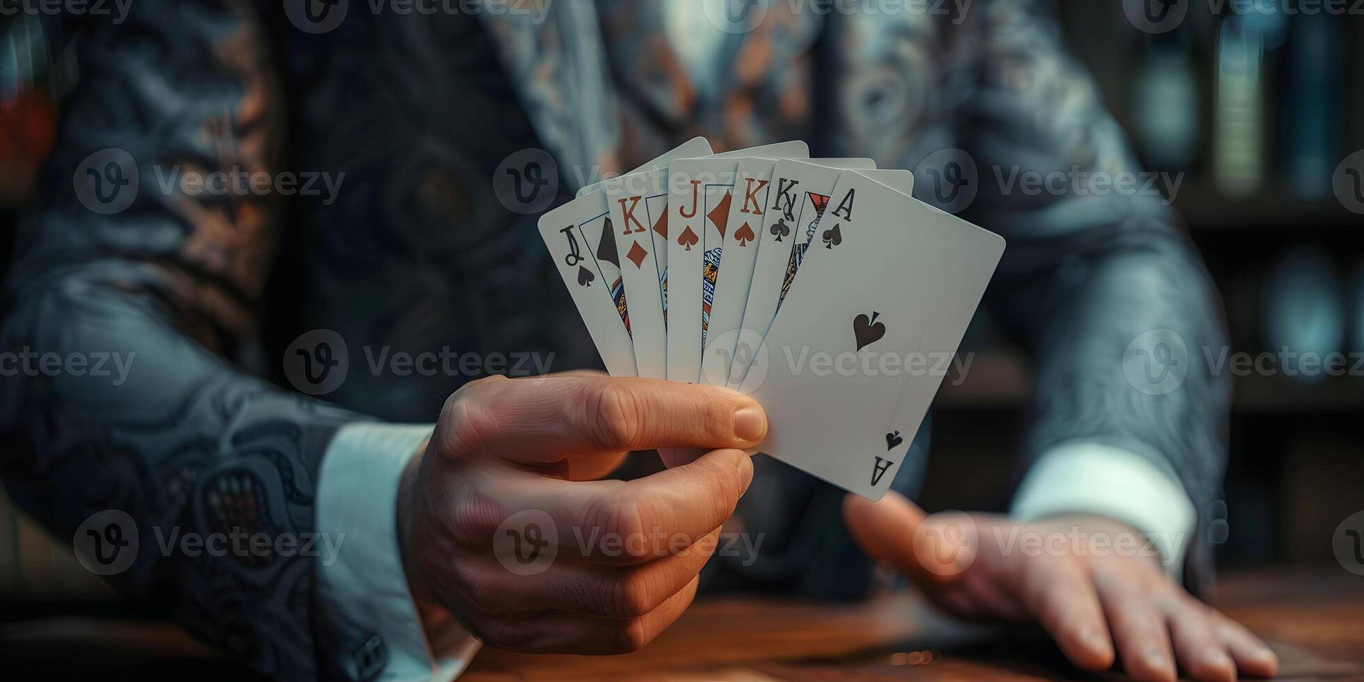 AI Generated Magician shows trick with playing cards. Sleight of hand. Manipulation with props. photo