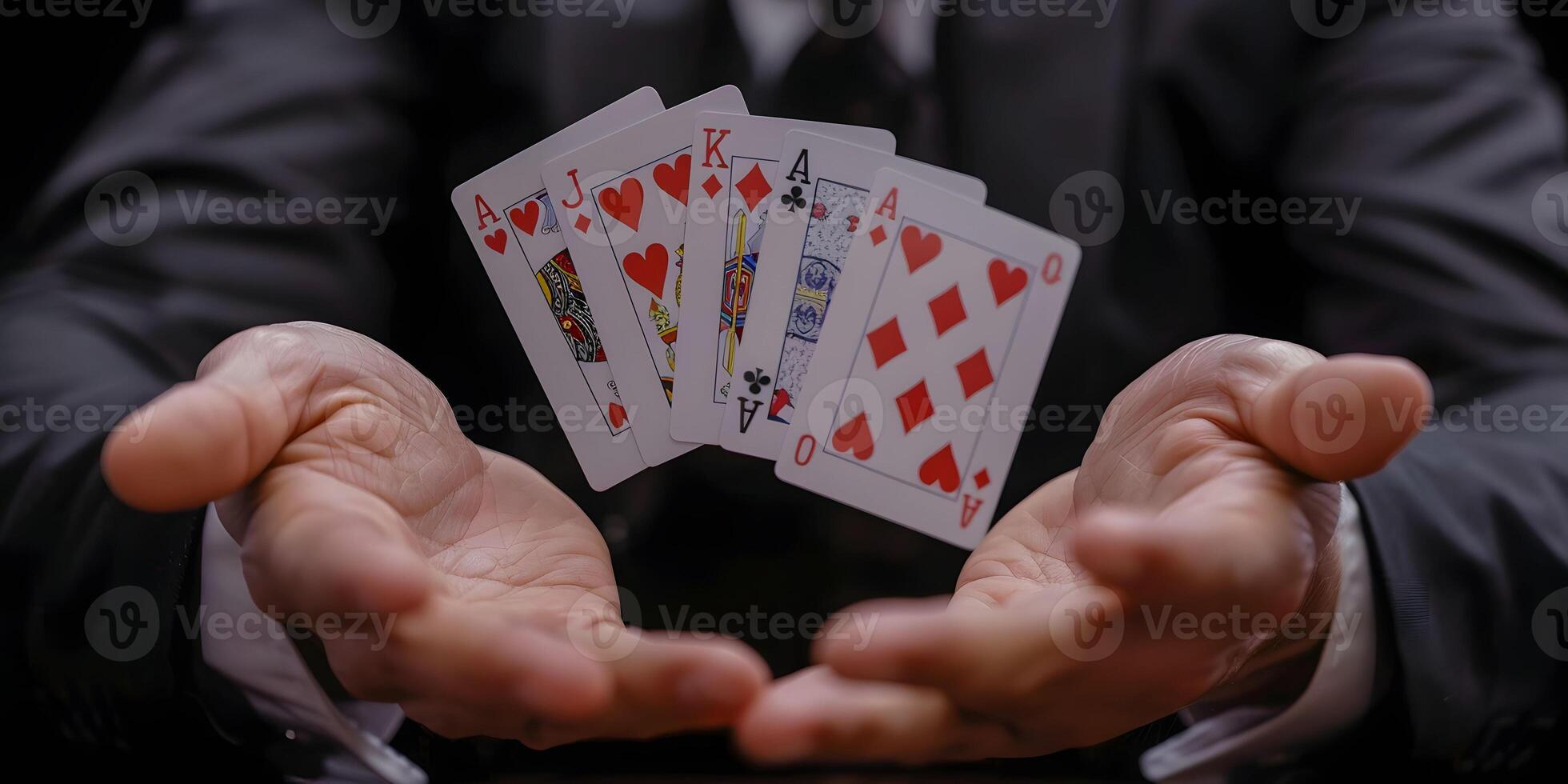 AI Generated Magician shows trick with playing cards. Sleight of hand. Manipulation with props. photo