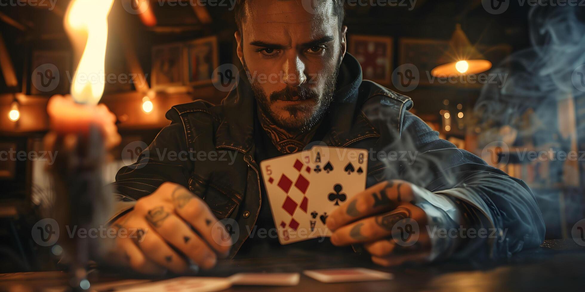 AI Generated Magician shows trick with playing cards. Sleight of hand. Manipulation with props. photo