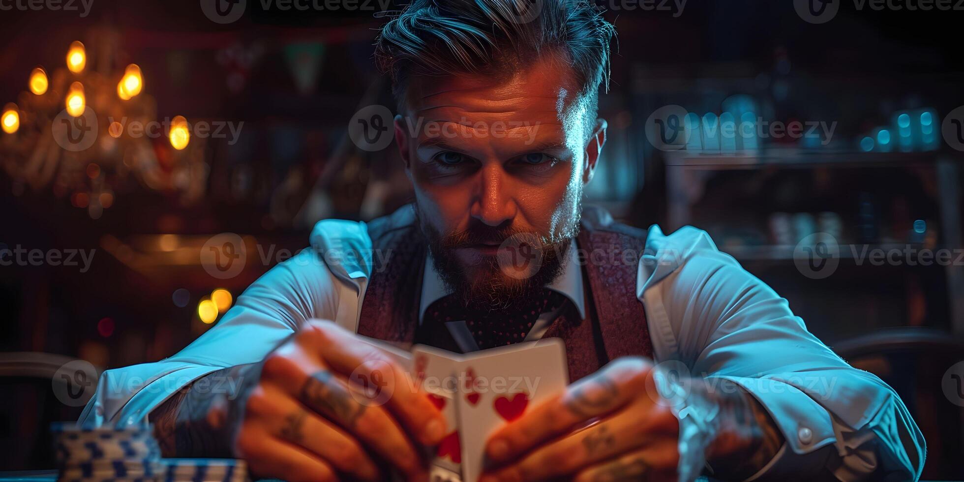 AI Generated Magician shows trick with playing cards. Sleight of hand. Manipulation with props. photo