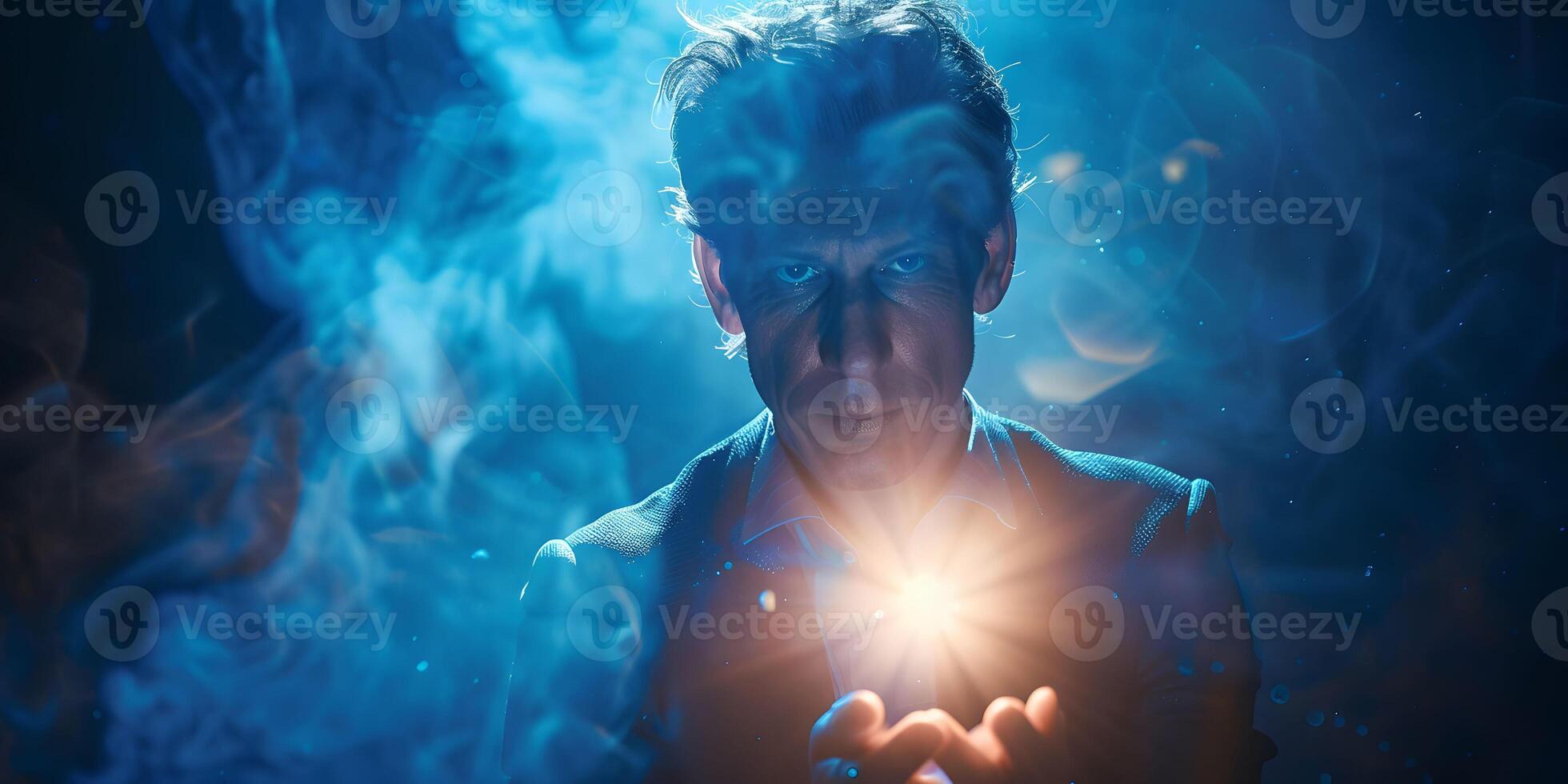 AI Generated Man businessman holding hands over the magic sphere with a horoscope to predict the future. The concept of astrology as a business photo