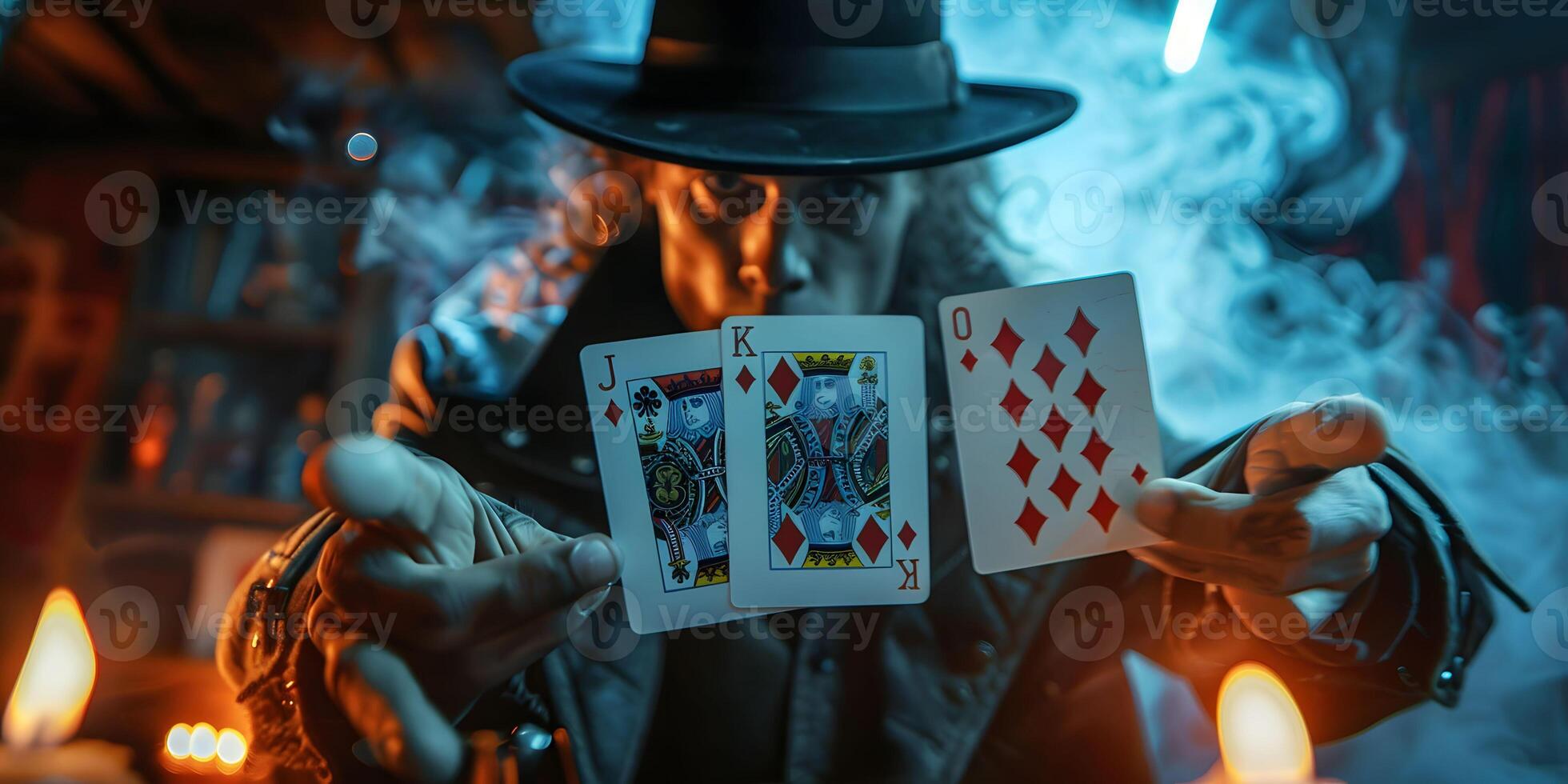 AI Generated Magician shows trick with playing cards. Sleight of hand. Manipulation with props. photo