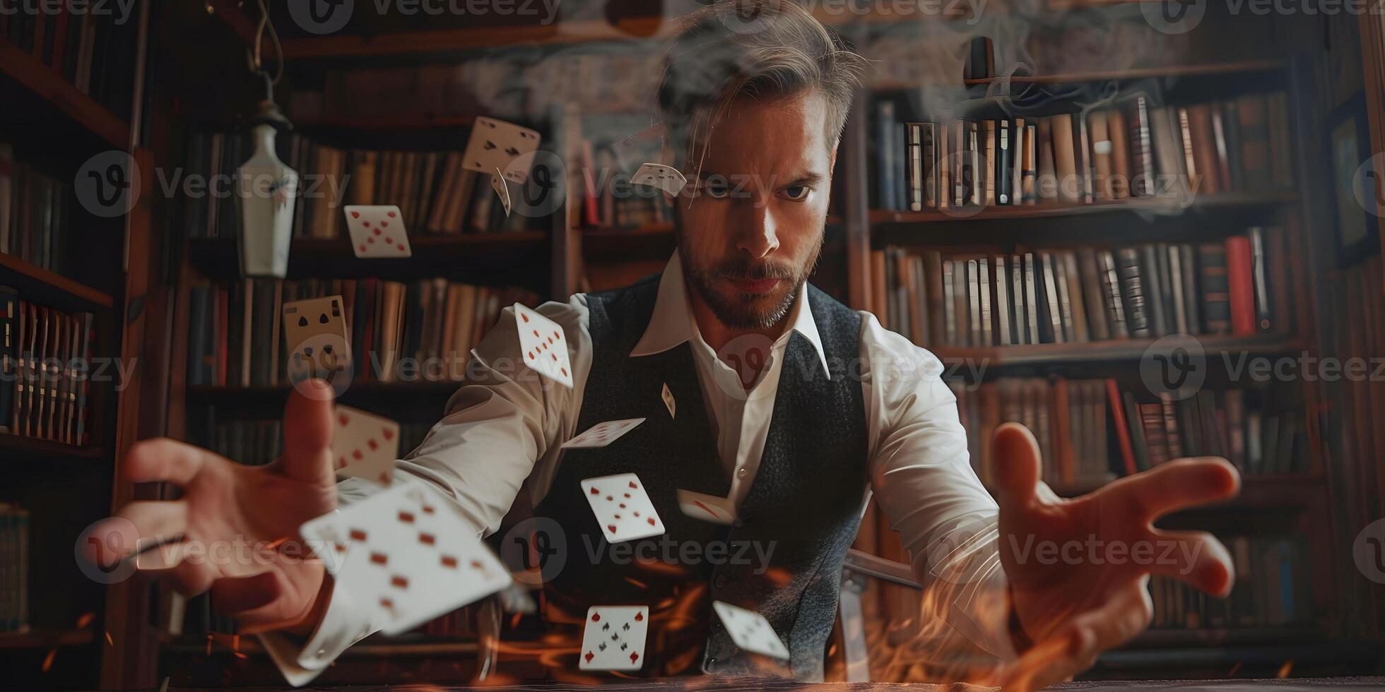 AI Generated Magician shows trick with playing cards. Sleight of hand. Manipulation with props. photo