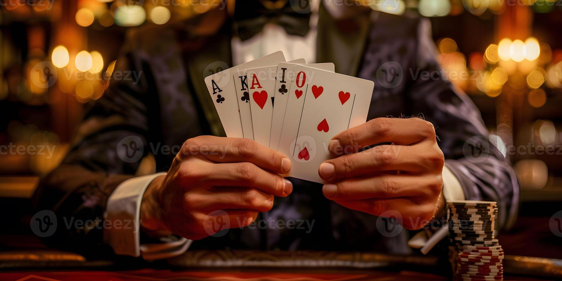 AI Generated Magician shows trick with playing cards. Sleight of hand. Manipulation with props. photo