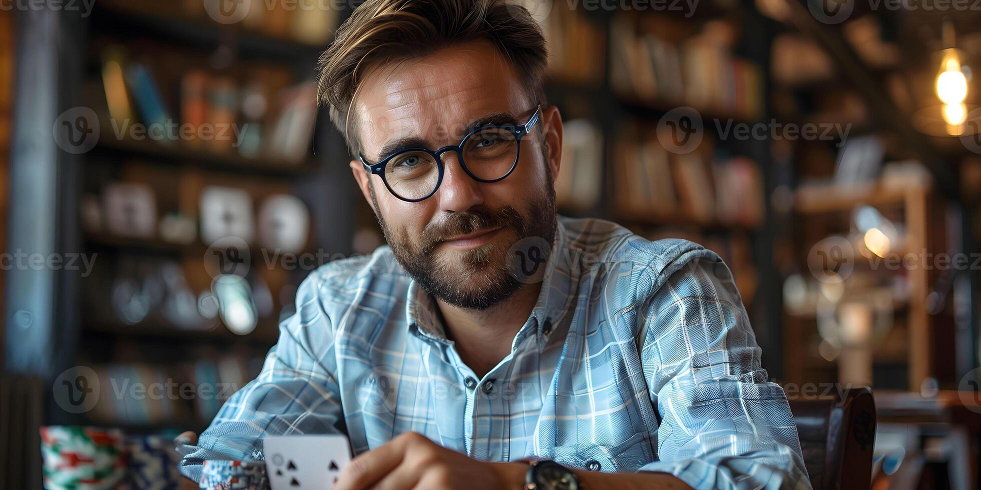 AI Generated Magician shows trick with playing cards. Sleight of hand. Manipulation with props. photo
