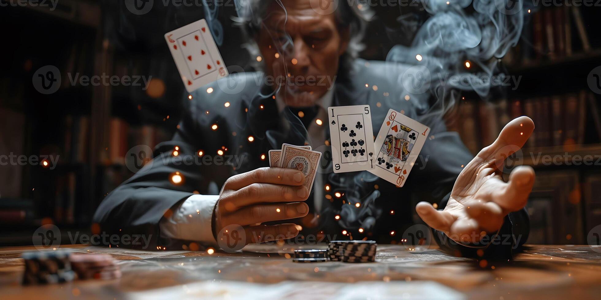 AI Generated Magician shows trick with playing cards. Sleight of hand. Manipulation with props. photo