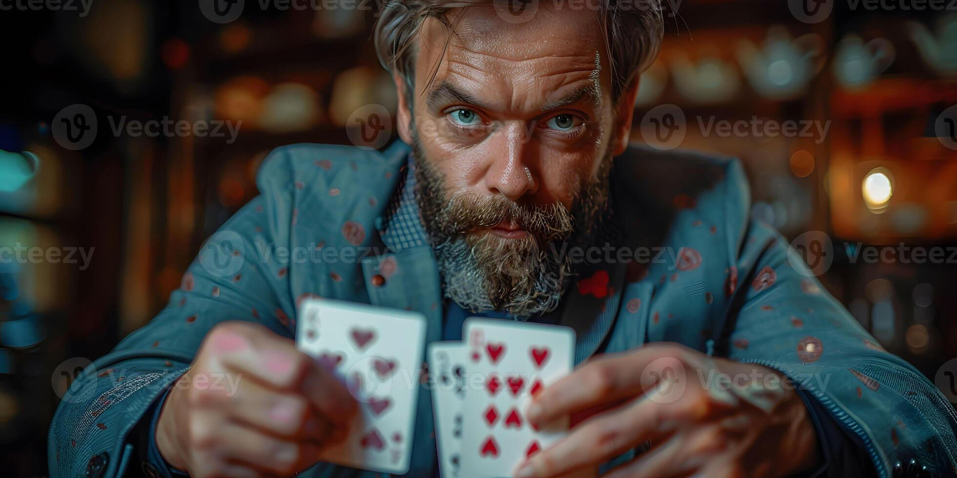 AI Generated Magician shows trick with playing cards. Sleight of hand. Manipulation with props. photo